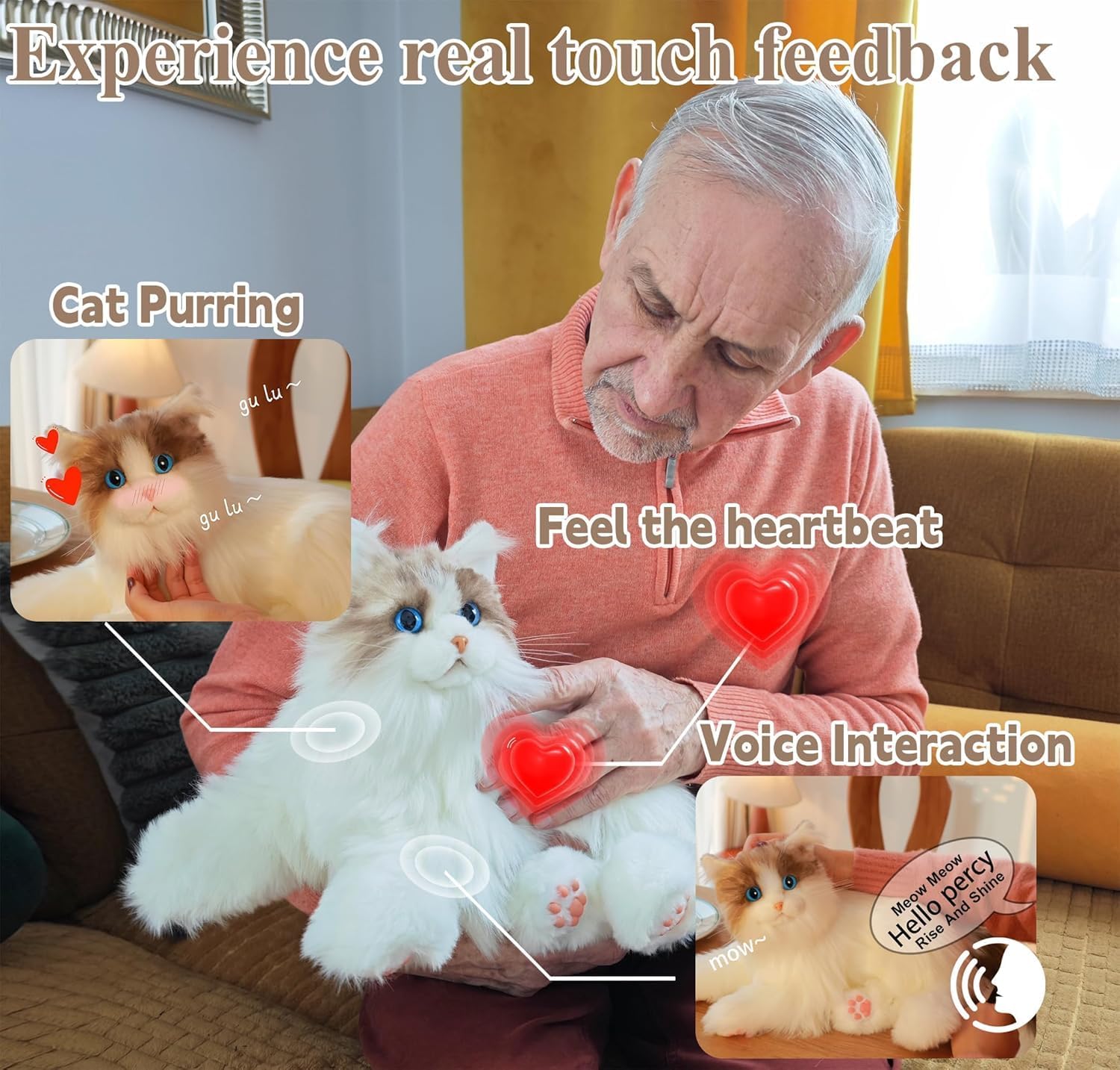 Chongker Interactive Companion Robot Cat Pets, Handmade Weighted Stuffed Animals, Cat Plush Toy with Voice Response, Realistic Heartbeat and Purring, Ragdoll Cat - Image 4