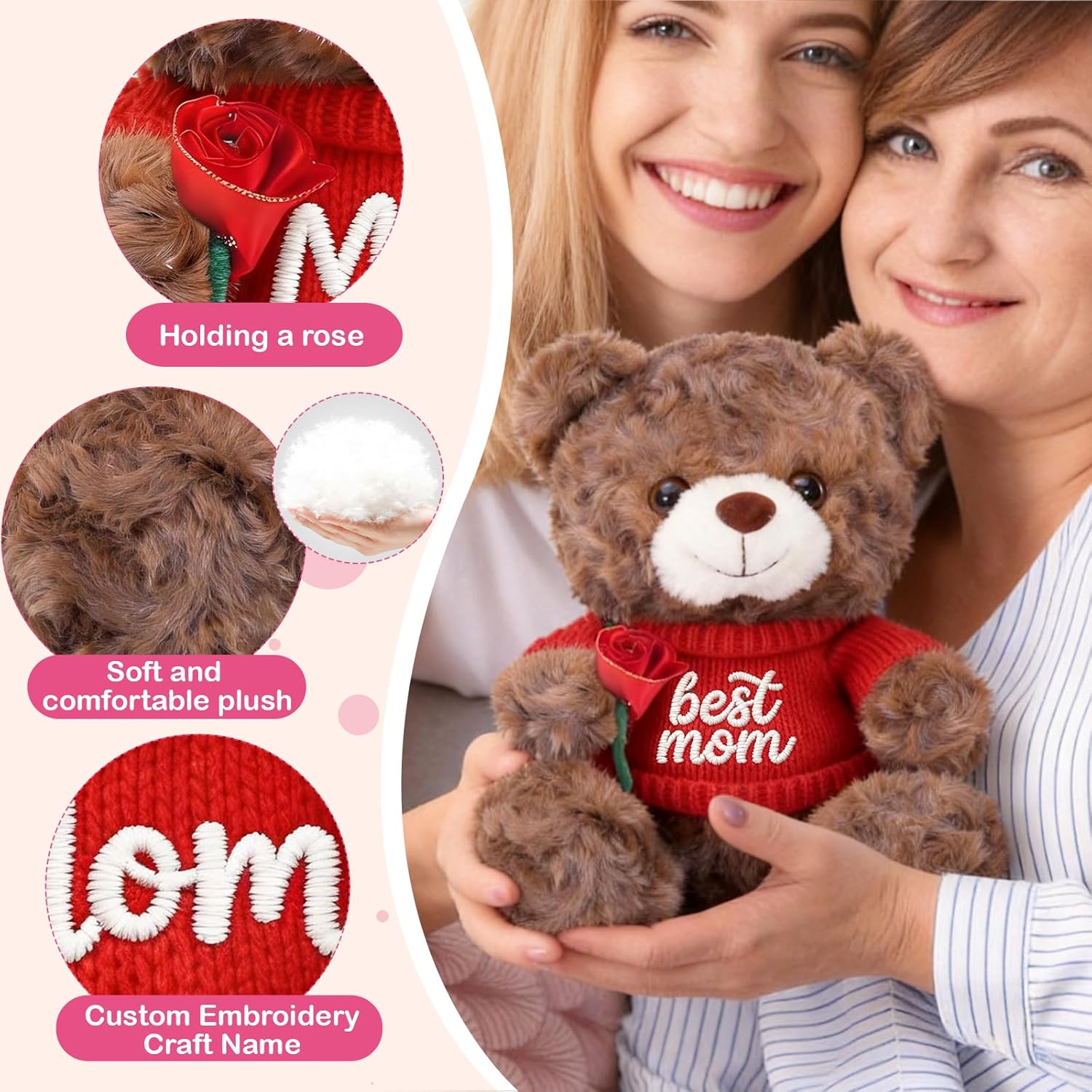 12'' Personalized Mother's Day Embroidered Teddy Bear with Rose, Custom Name Stuffed Plush Teddy, Soft Mom Bear Gift for Mother's Day, Birthday, Customized Gift for Mom Grandma from Daughter Son - Image 3