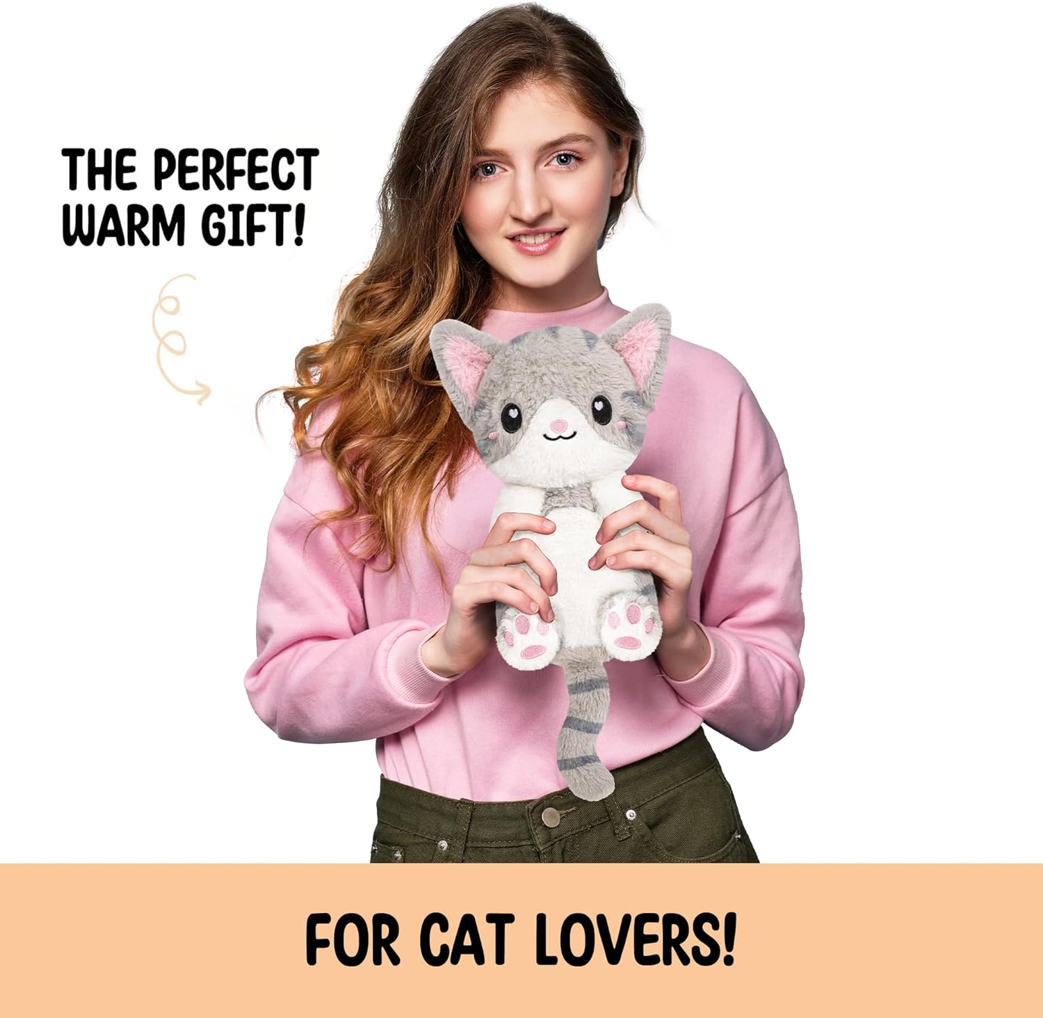 Happy Fuel Grey Cat Microwavable 1.5 lbs Unscented Heating Pad for Women & Kids- Cute Soft Cozy Pillow Plush Heatable Warm Stuffed Animals- Kawaii Hot & Cold Plushie - Gray Cat Gifts for Girls & Women - Image 2