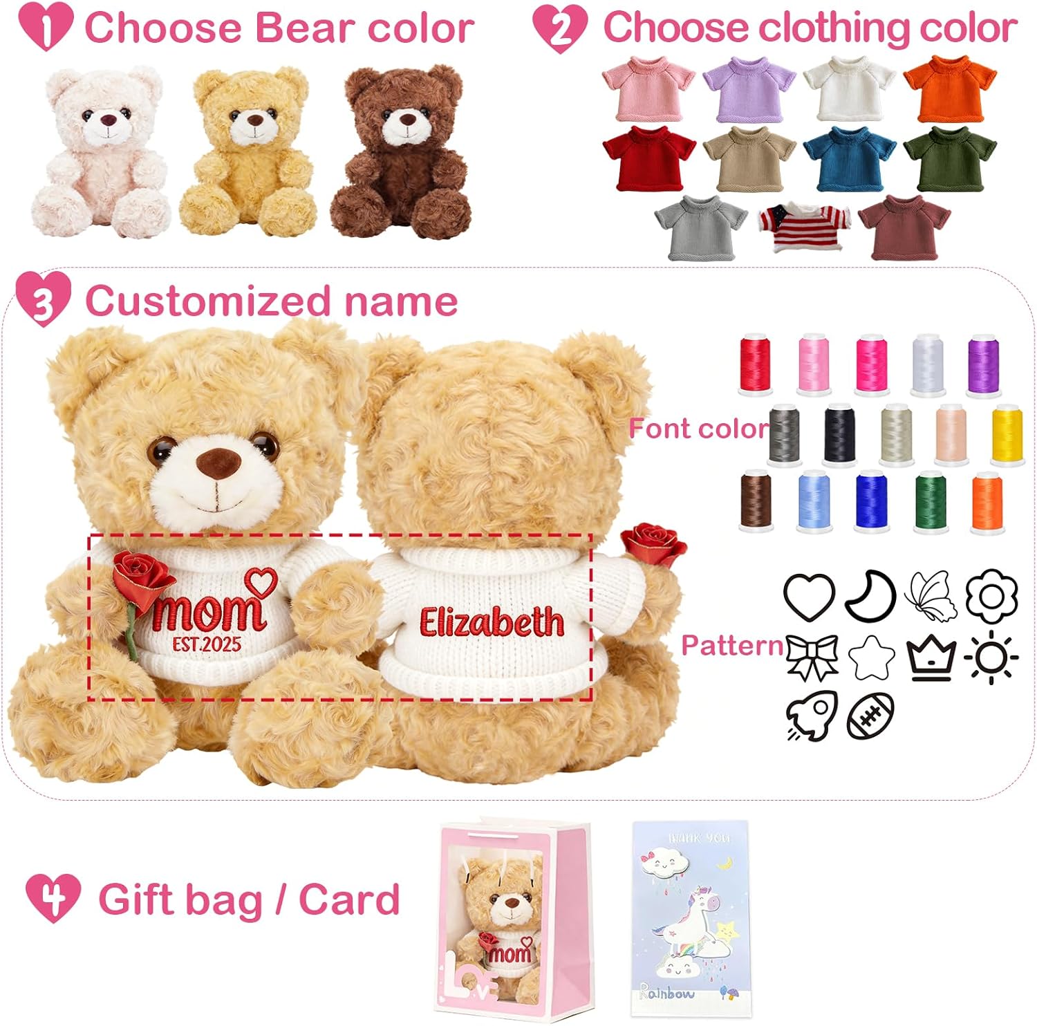 12'' Personalized Mother's Day Embroidered Teddy Bear with Rose, Custom Name Stuffed Plush Teddy, Soft Mom Bear Gift for Mother's Day, Birthday, Customized Gift for Mom Grandma from Daughter Son - Image 4