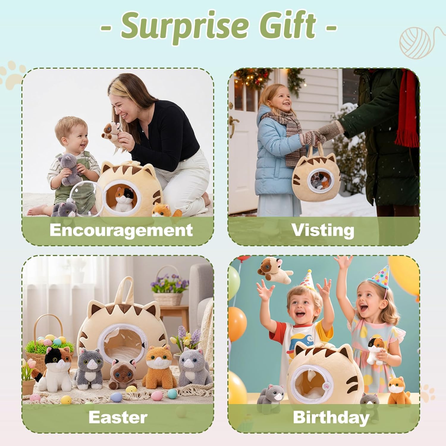 OUOZZZ Cat Stuffed Animal House – Plush Kitten Toy Set with 5 Soft Cats – Interactive & Travel-Friendly Kitties Carrier Playset for Toddlers & Kids – Huggable, Portable Birthday Gift for Baby Girls - Image 5