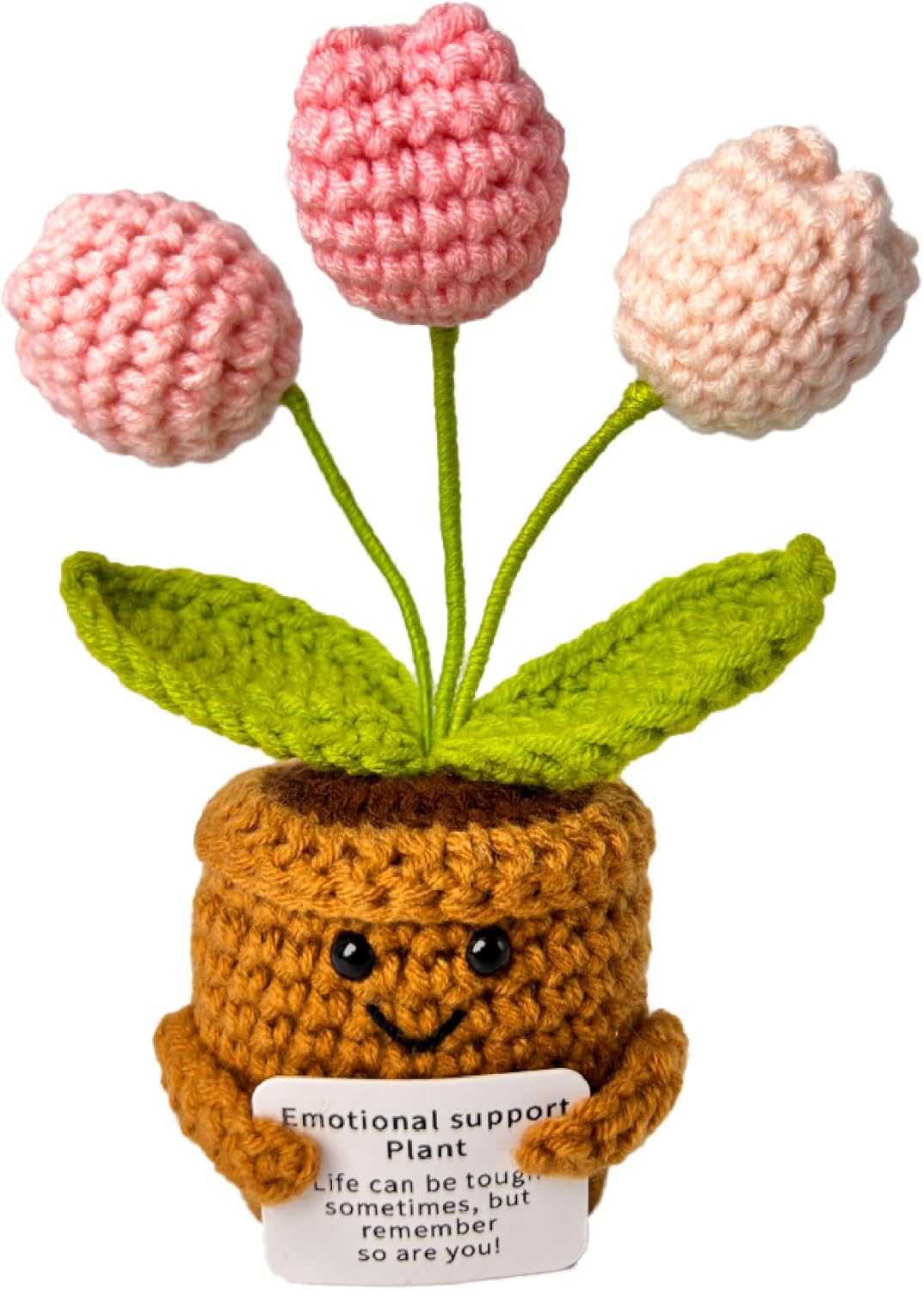 Emotional Support Crochet Flower in Pot,Uplifting Handmade Knitted Plush Plant with Positive Affirmation Card,Cheerful Gift for Office Desk Decor,Home,Car(Pink Tulip)