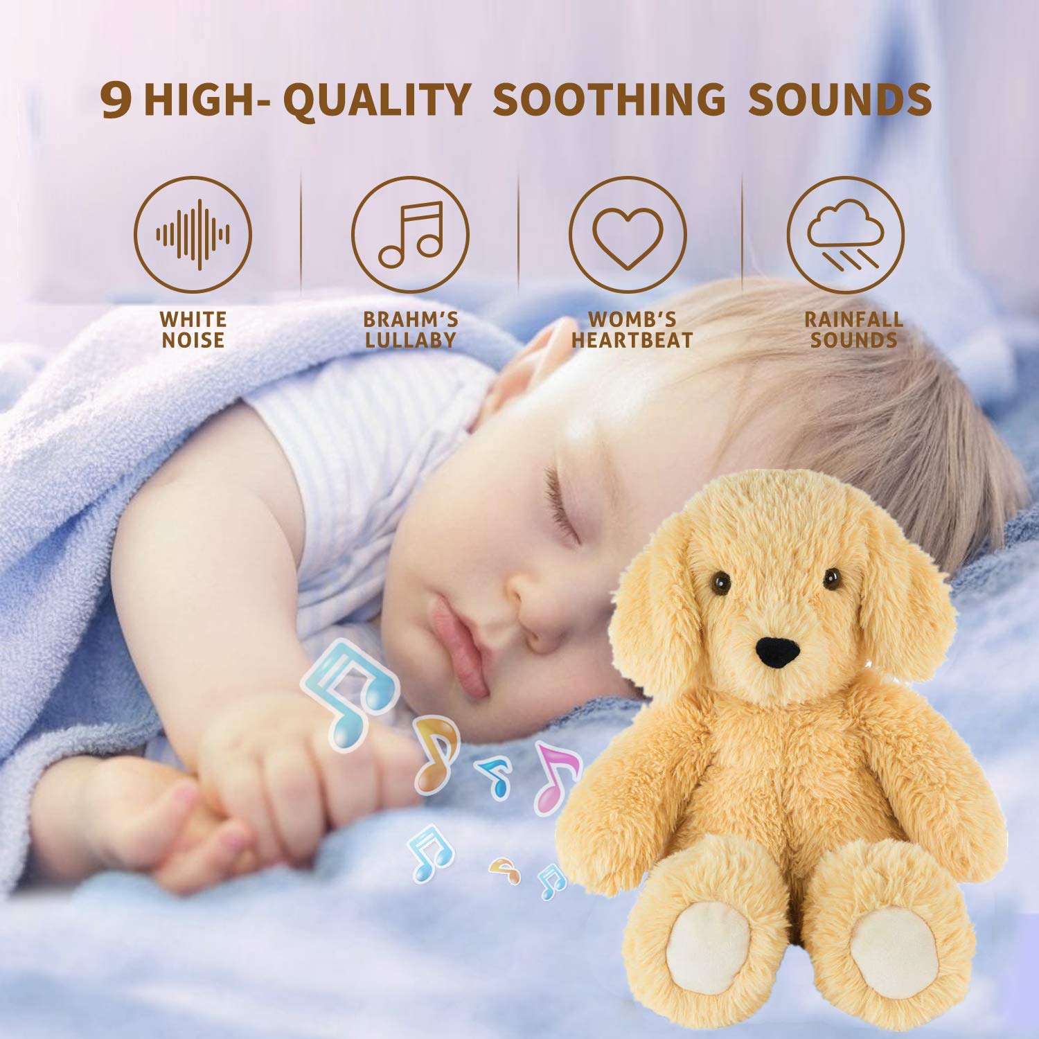 BEREST Baby Cry Sensor Sleepy Dog Sleep Soother Sleeping Aid White Noise Infant Stuffed Animal Puppy Dog Toy, Nursery Decor with Night Light, Mom‘s Heartbeat 9 Sounds Therapy for Toddler Crib - Image 7