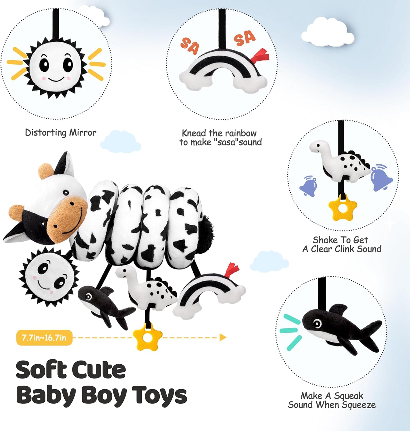 Spiral Car Seat Baby Toys 0-6 Months, Infant Carseat High Contrast Sensory Toys Hanging Stroller Accessories, Newborn Shower Gifts for Baby Boys Essentials Stuff, Cute Black and White Cow - Image 5