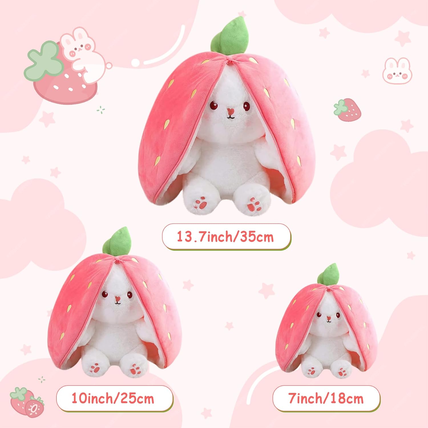 MIAODAM Bunny Stuffed Animal Reversible Cuddle Bunny Stuffed,Strawberry Bunny Transformed Rabbit Plush Zipper,Turns Into Ears Bunnies Plushies Toy Cute Stuffy Doll Easter - Image 5