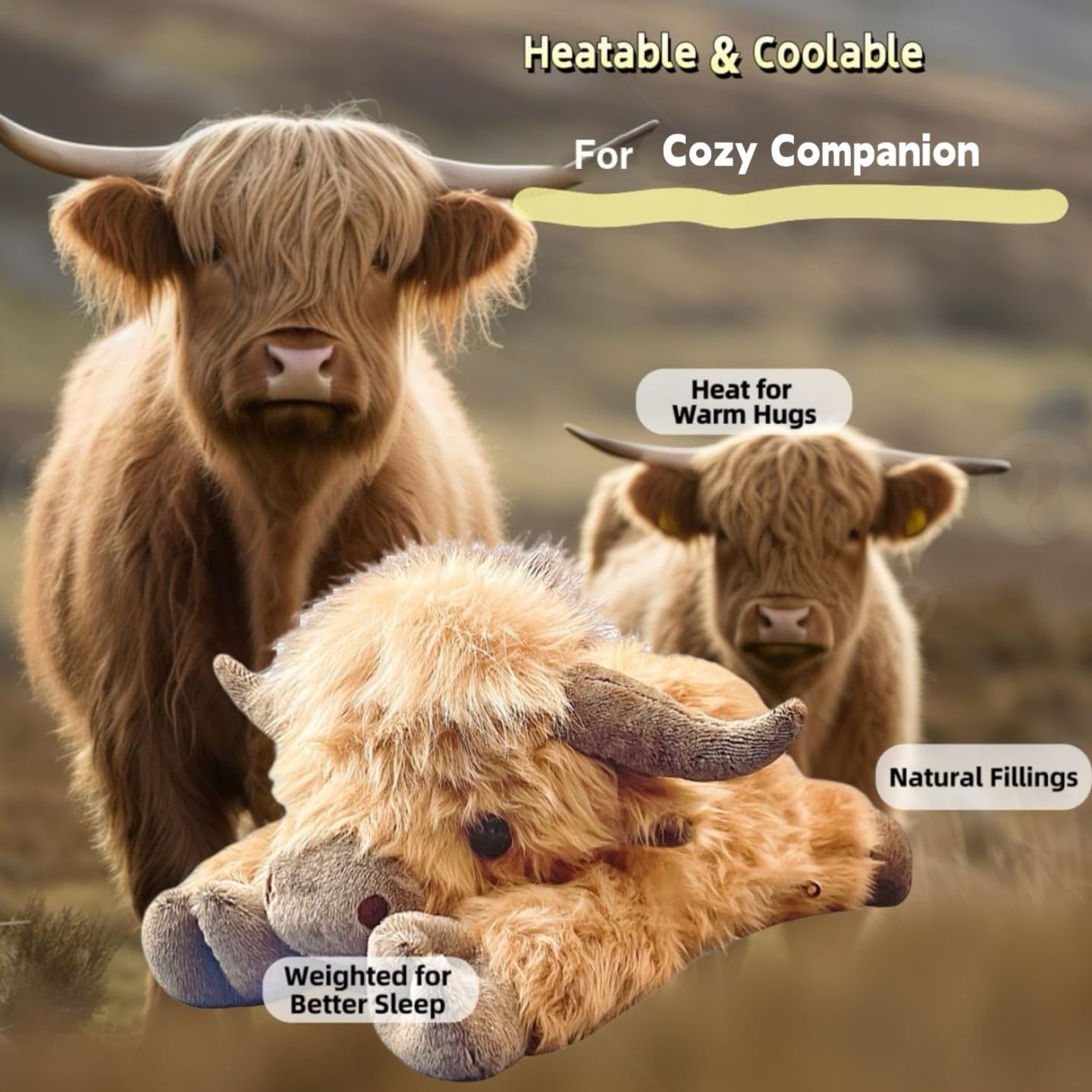 uoozii 20" | 4 Pounds Highland Cow Weighted Stuffed Animals with Unscented Microwavable Heating Pad, Cute Coolable Heatable Weighted Plush Warm Gift for Kids & Adults - Image 4