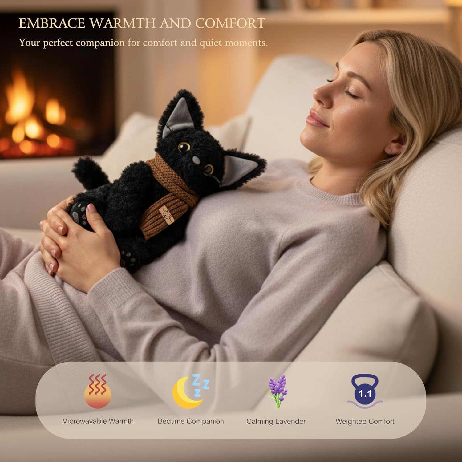 KOWSI® Microwavable Heating Pad Black Cat Plush - Weighted Stuffed Animal Toy with Tourmaline Beads & Lavender - 1 lb for Long Lasting Cozy Warmth & Relaxation - Includes Gift Box & Greeting Card - Image 2