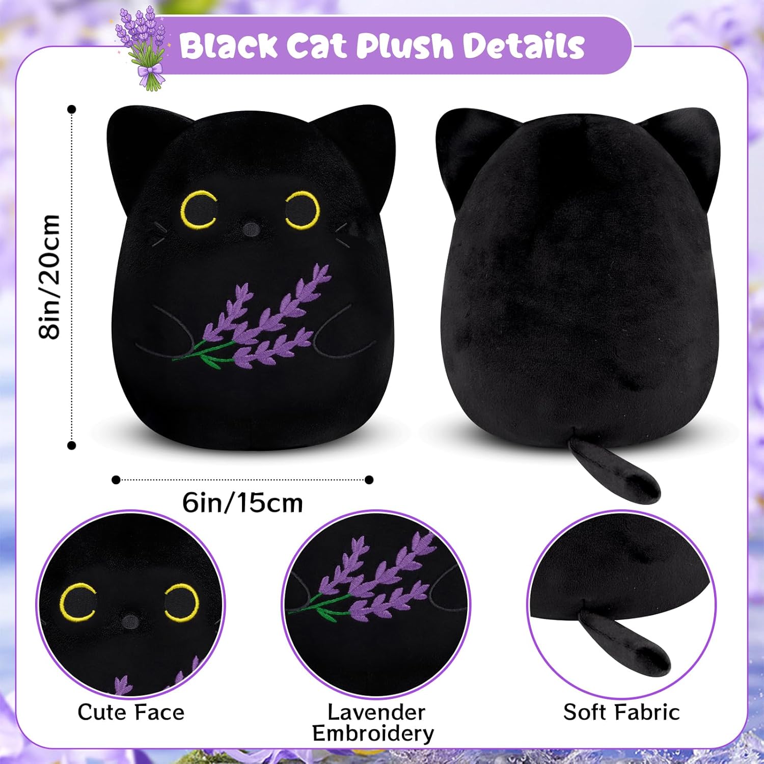 Lavender Black Cat Stuffed Animal,8inch Black Cat Plush Cute Stuffed Animals for Girls Boys,Kawaii & Soft Kitten Plushie Toy for Kids,Cats Lovers Birthday - Image 5