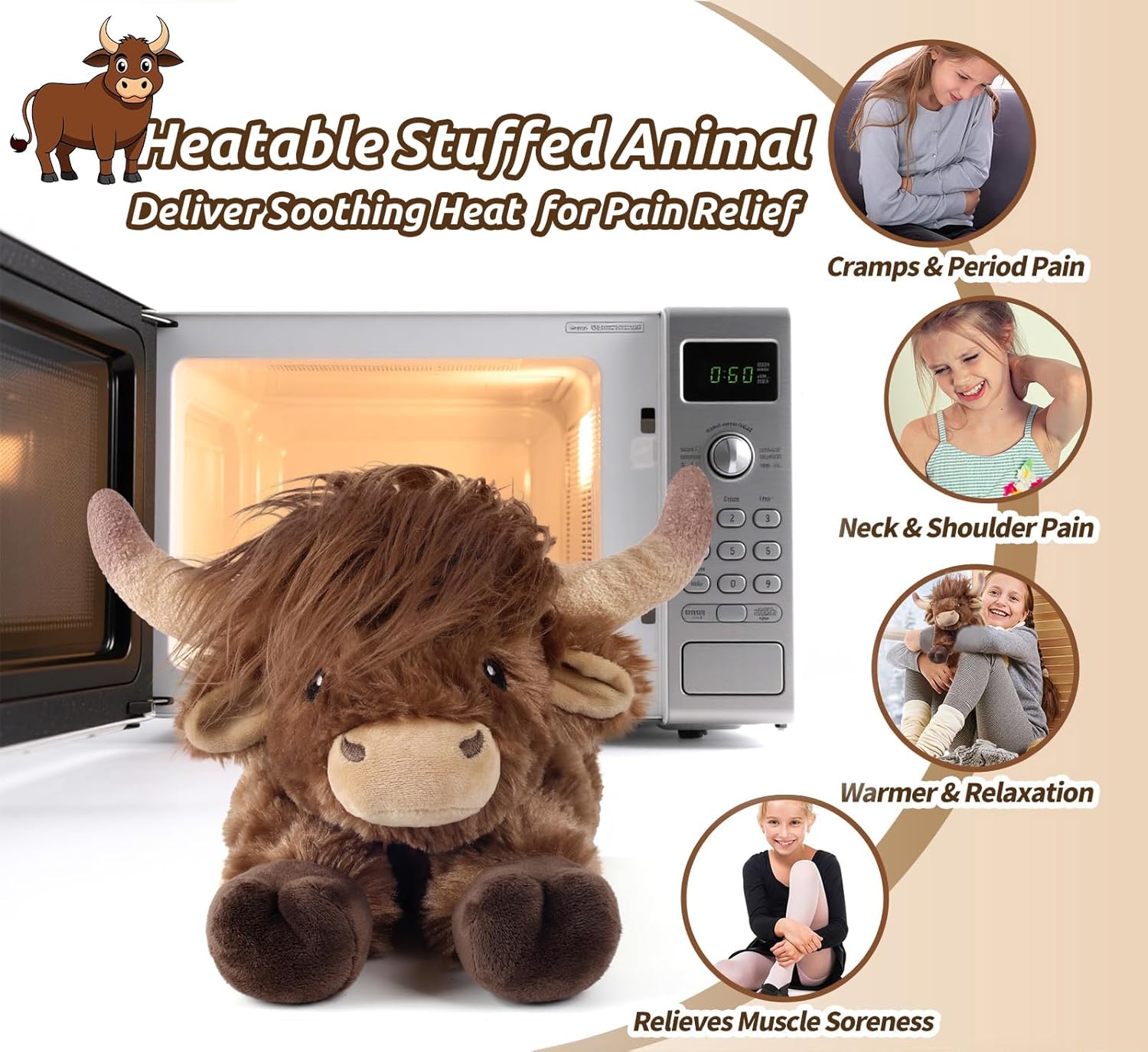 Highland Cow Stuffed Animals, Microwavable Stuffed Animal Adorable Fluffy Highland Cow Plush for Warmth Comfort, Heatable Coolable Lavender Scent Toy, Cute Soft Plushies Gift for Kid Boys Girl & Adult - Image 5