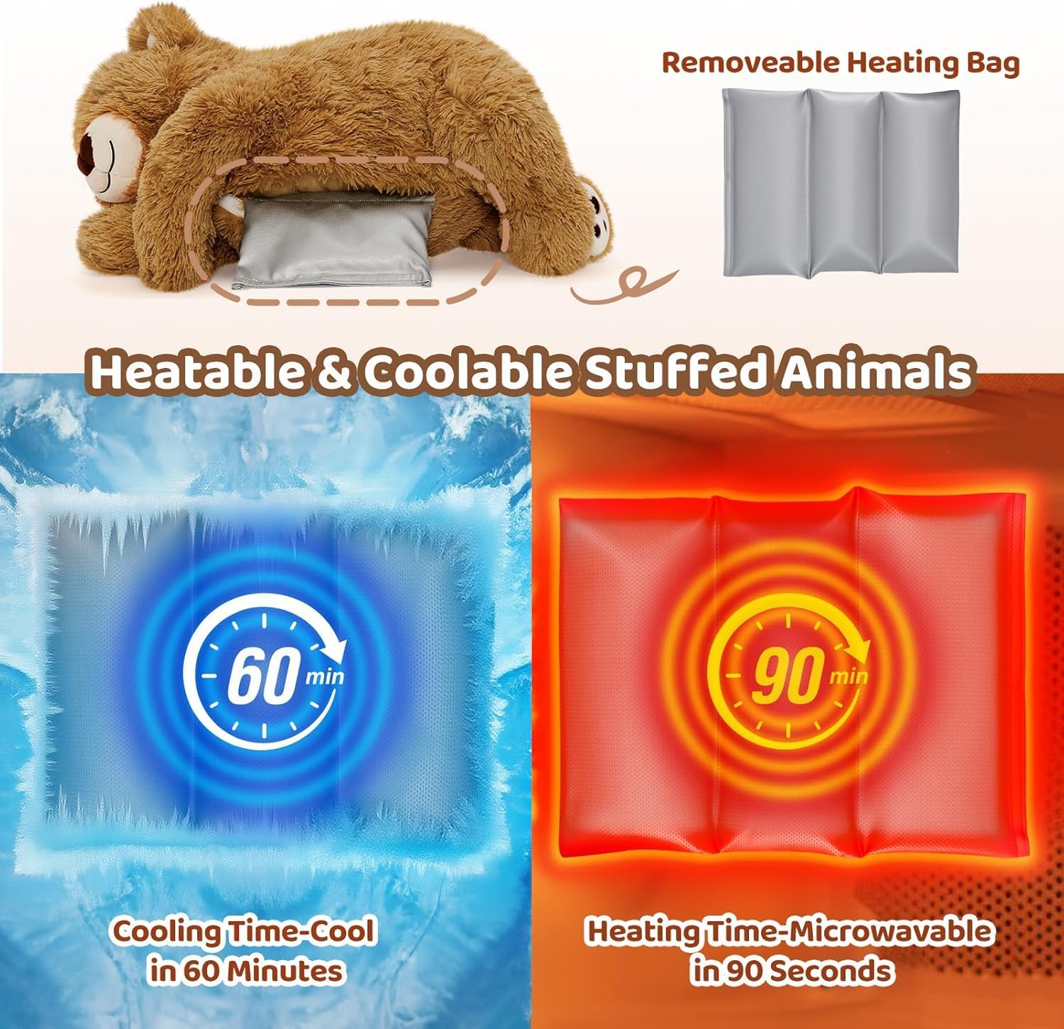 Mewaii Weighted Stuffed Animals for Adults & Kids, 2-5 lbs - 23" Heatable Coolable Bear Plush, Microwavable Adjustable Removable Inner Pad, Realistic Hug Comfort Gift (Brown) - Image 5