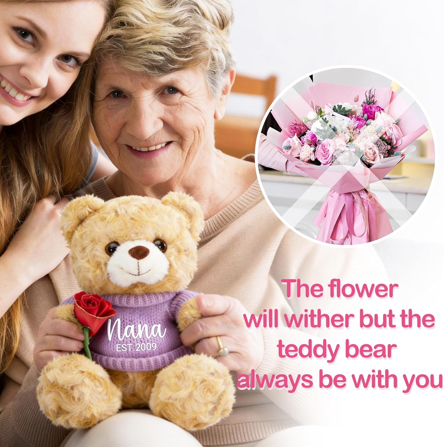 12'' Personalized Mother's Day Embroidered Teddy Bear with Rose, Custom Name Stuffed Plush Teddy, Soft Mom Bear Gift for Mother's Day, Birthday, Customized Gift for Mom Grandma from Daughter Son - Image 6