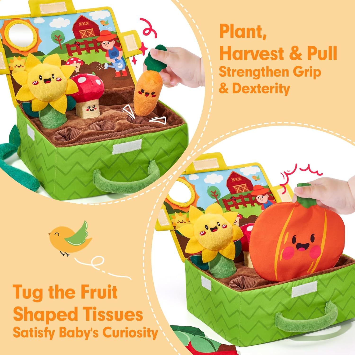 hahaland Baby Toys 6-12 Months - Fruits Vegetables Garden Plant Plush - 6 Month Old Toys Montessori Sensory Toy Carrot Flower with Rattles Mirror Squeaker Textures Crinkle Tissues, Baby Gifts 9 Month - Image 3