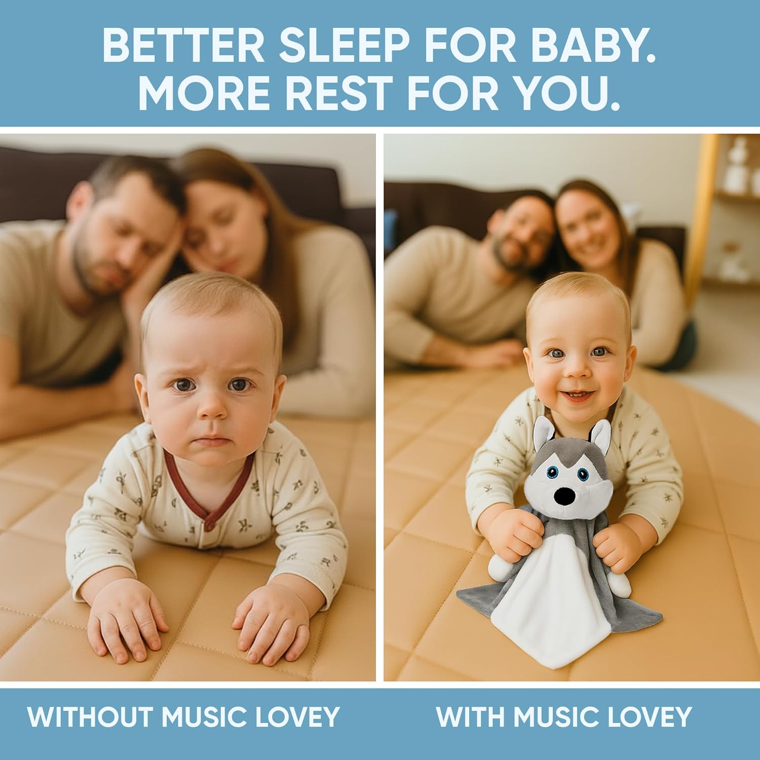 Love By Emi 4 in 1 Baby Lullaby Sleep Soother Toy - Stuffed Animal Sound Machine & Pacifier Holder | Heartbeat White Noise & Music | Plush Husky Lovey Sleep Aid Security Blanket (0-3 Years) - Image 4