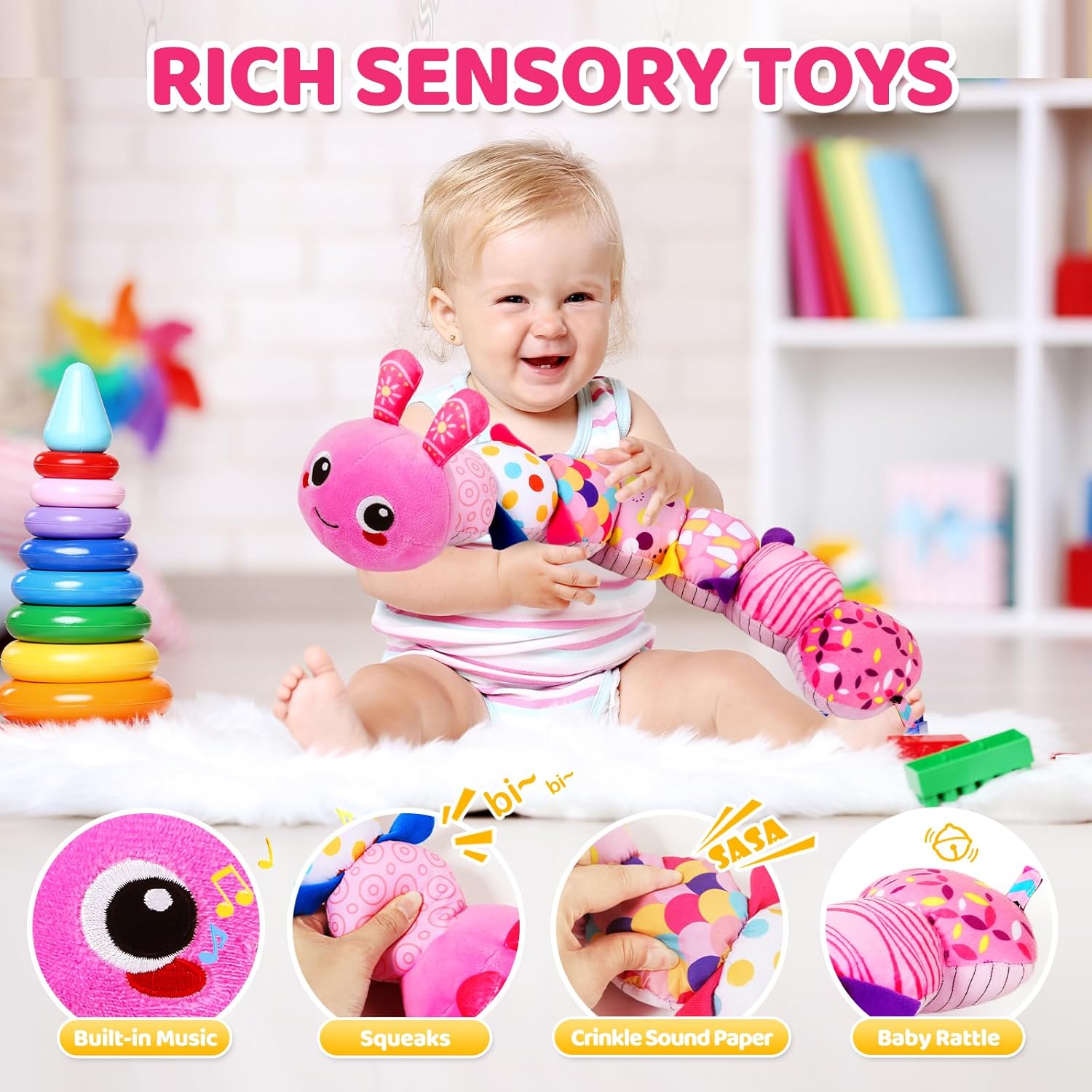 KMUYSL Baby Toys 0-6 6-12 Months, Sensory Music Animal Stuffed Toy for 0 1 2 3 4 5 6+ Months, Plush Toy with Crinkle and Rattles for Infant Newborn, Tummy Time Toys Gifts for 0-3-6-12 Month - Image 2