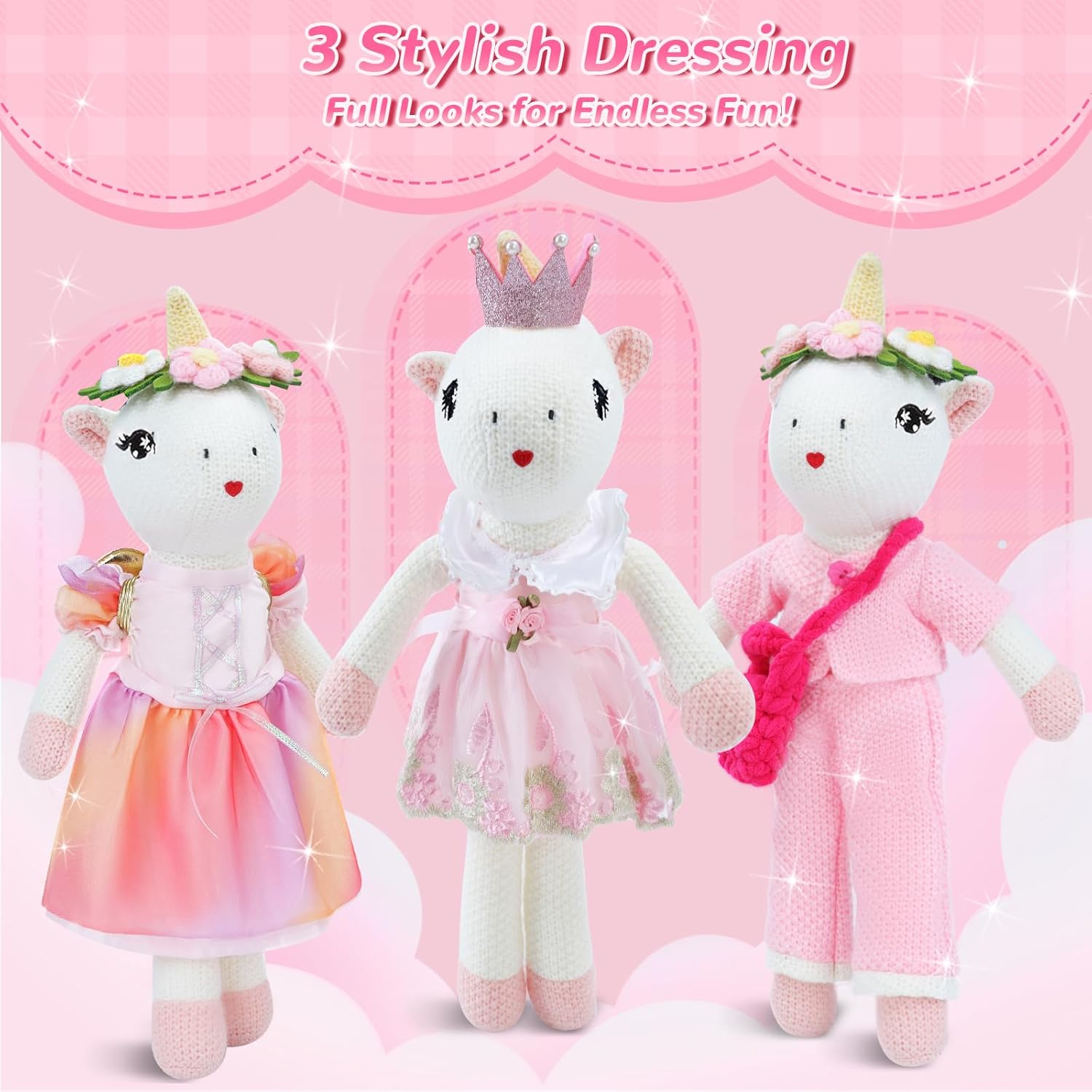 Unicorns Toys for Girls Age 3-10, Ballerina Stuffed Animal Girl Toys with 3 Set Clothes & Plush Storage Bag, Dress up Doll Birthday Gift for Toddles Girls Stocking Stuffers - Image 5