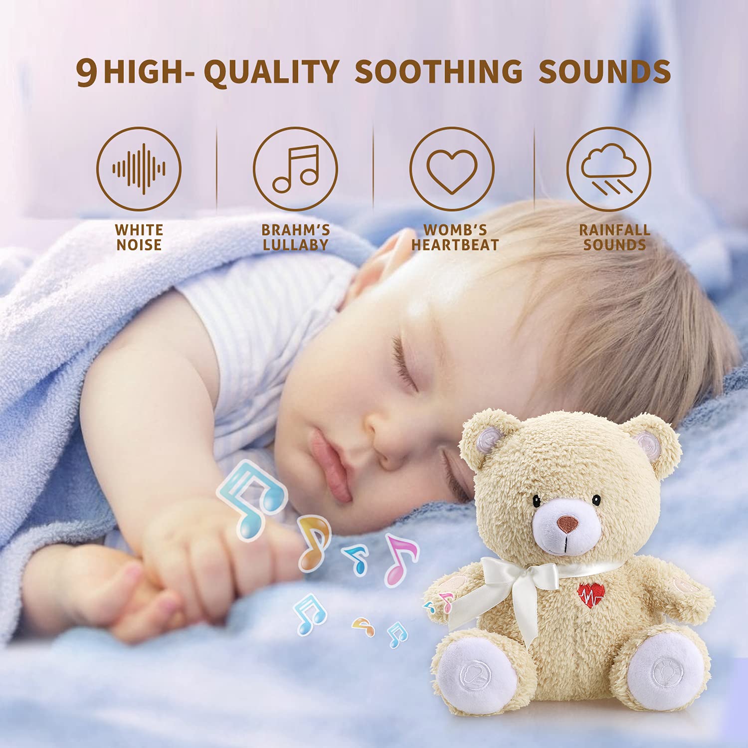 BEREST Sleeping Bear Baby Sleep Soother- Mom's Heartbeat White Noise Machine Infant Stuffed Animal Bear Toy Sleeping Aid, Nursery Decor with Baby Cry Sensor, Night Light, 9 Soothing Sounds Therapy - Image 2