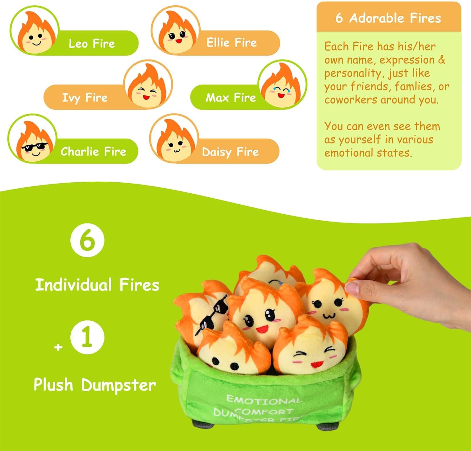 Kingwee Positive Emotional Support Dumpster Fires Plush Toy, 6 Cute Stuffed Fires in 1 Soft Dumpster, Funny Office Desk Decor, Gag Gift for Coworkers, Women & Men, Stress Relief Plushies - Image 2