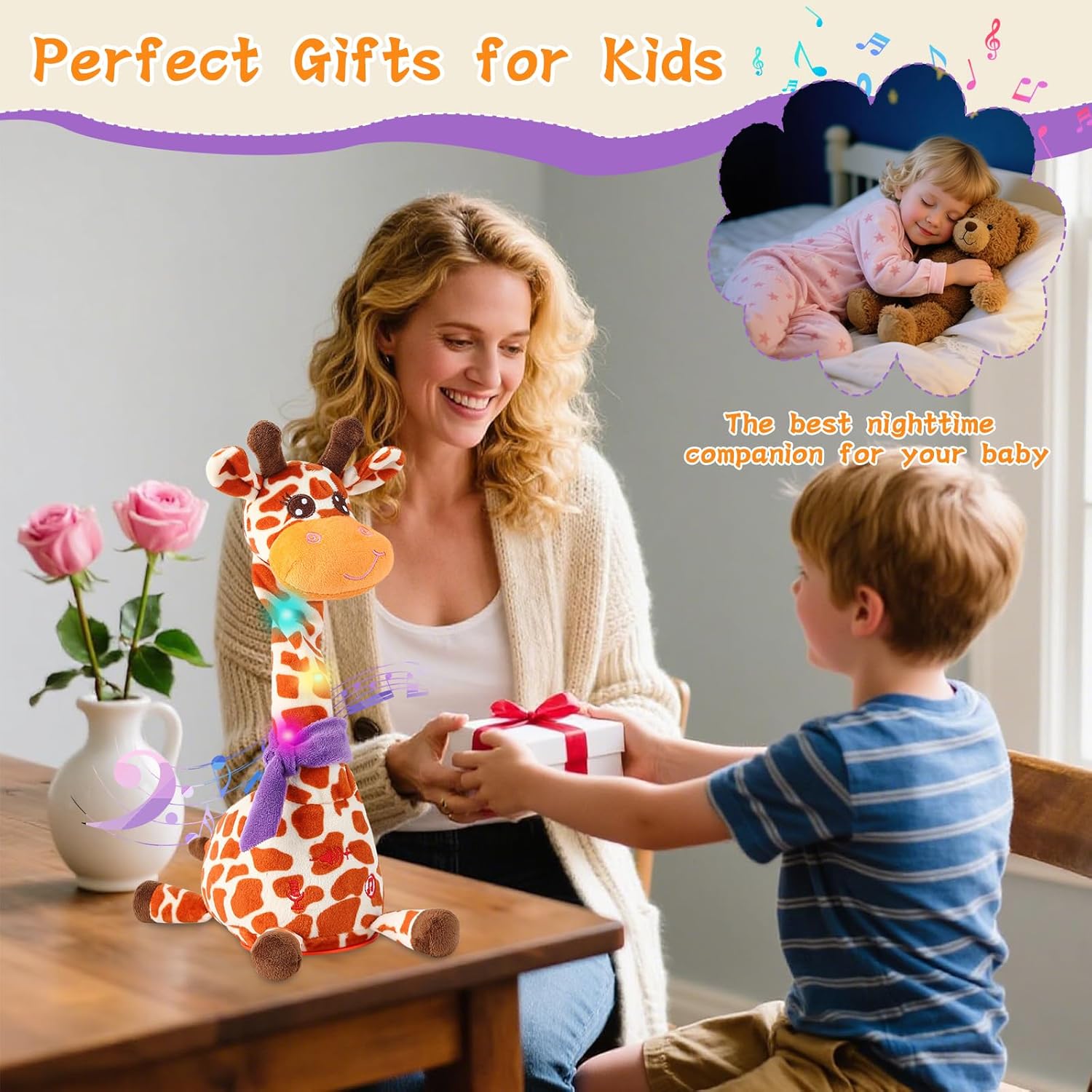 Dancing Talking Giraffe Plush Toy, Interactive Repeating Plush Toy that Mimics Your Words. Glowing Electric Giraffe Gifts with 10 Built-in Kids’ melodies, Ideal for Toddlers Aged 1-3. - Image 7