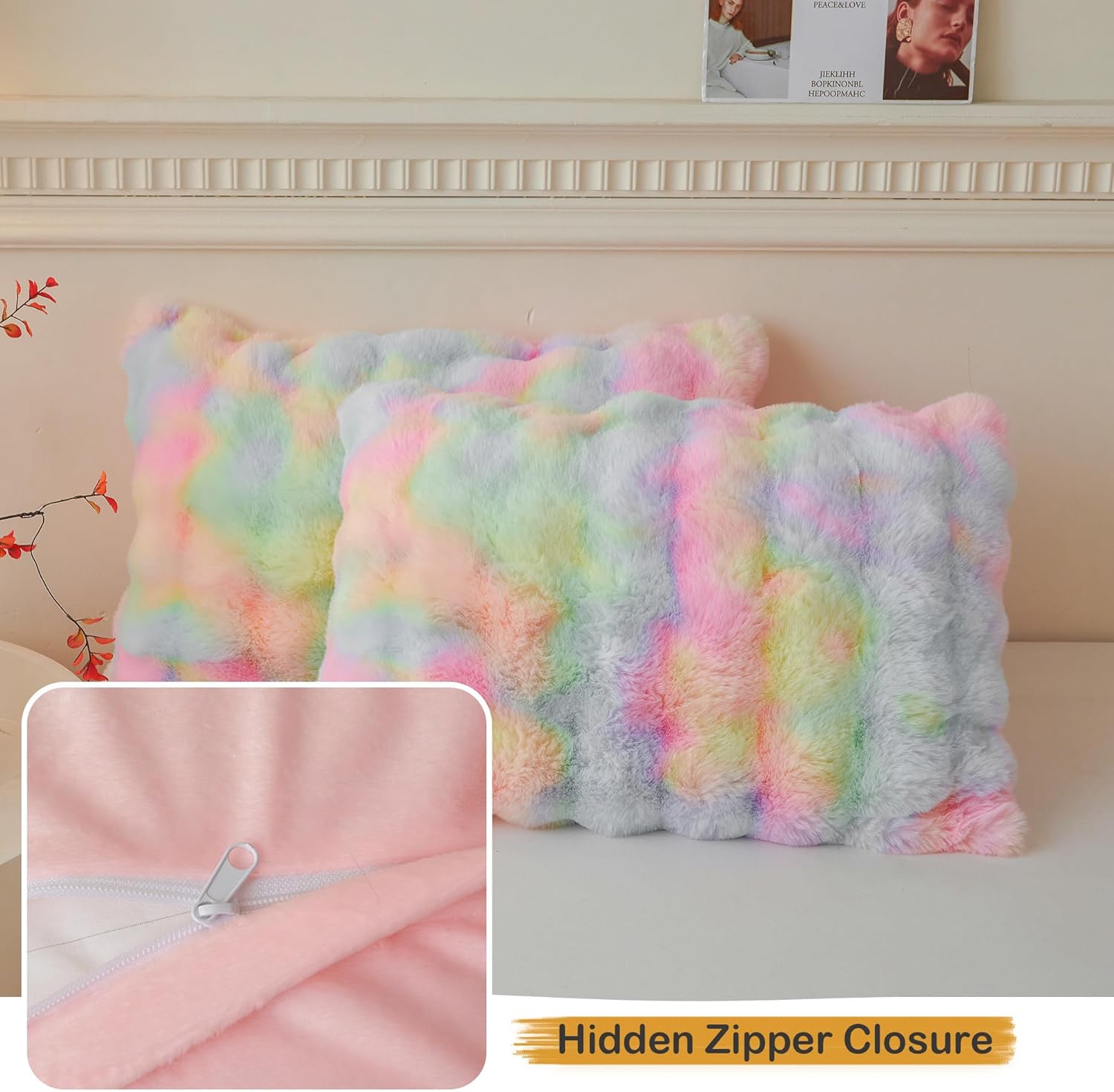LIFEREVO 2 Pieces Fluffy Faux Rabbit Fur Pillow Cases, Luxury Soft Plush Shaggy Bubble Pillowcases Standard Size with Zipper, Furry Fuzzy Long Pillow Shams for Adult Girls Kids Teens 20x26, Rainbow - Image 6