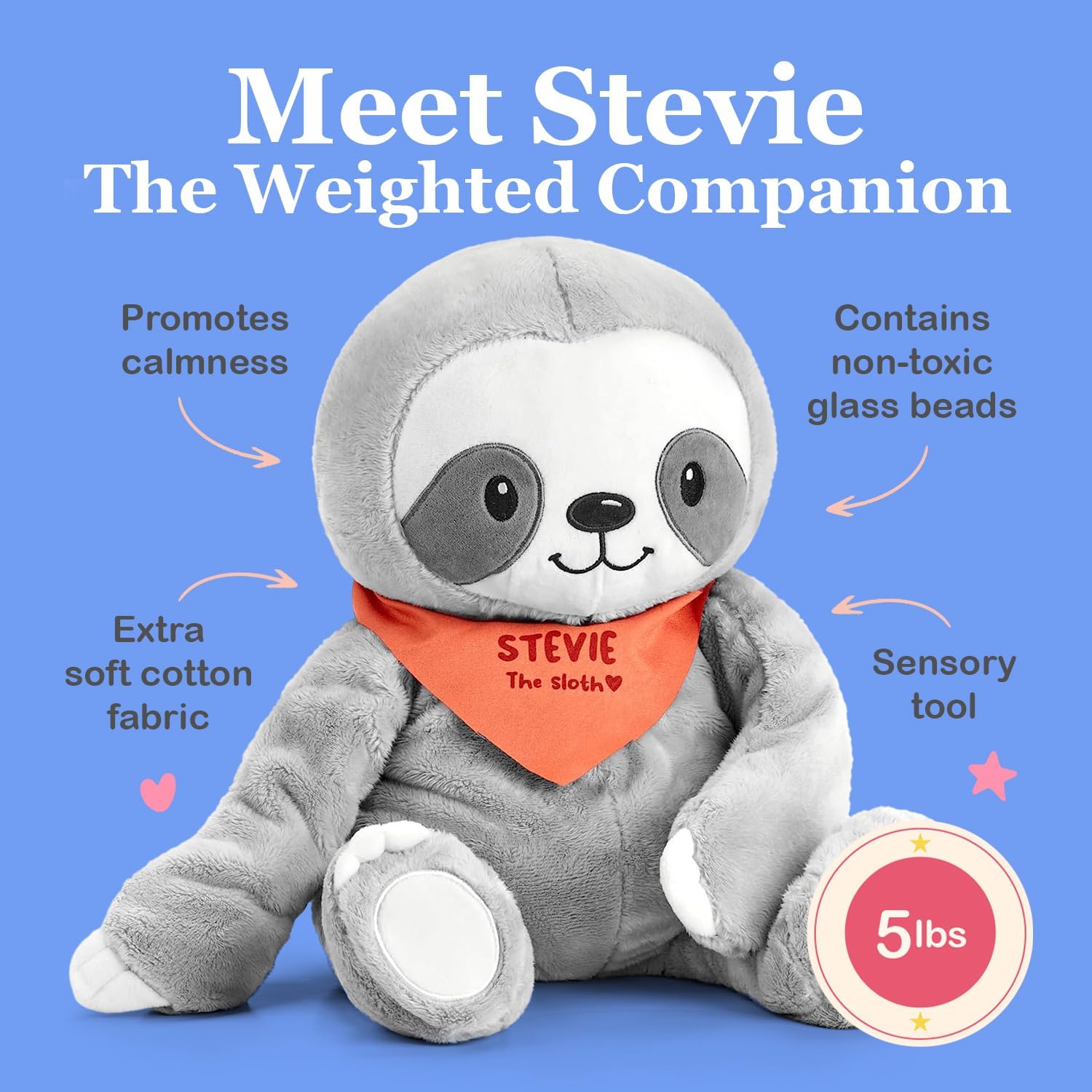 Lilly's Love Weighted Stuffed Animals for Adults & Kids — 5lb Calming Sloth Plush for Anxiety, ADHD & Sensory | Machine Washable Weighted Stuffed Animal w/Removable Insert | Stevie The Sloth - Image 2