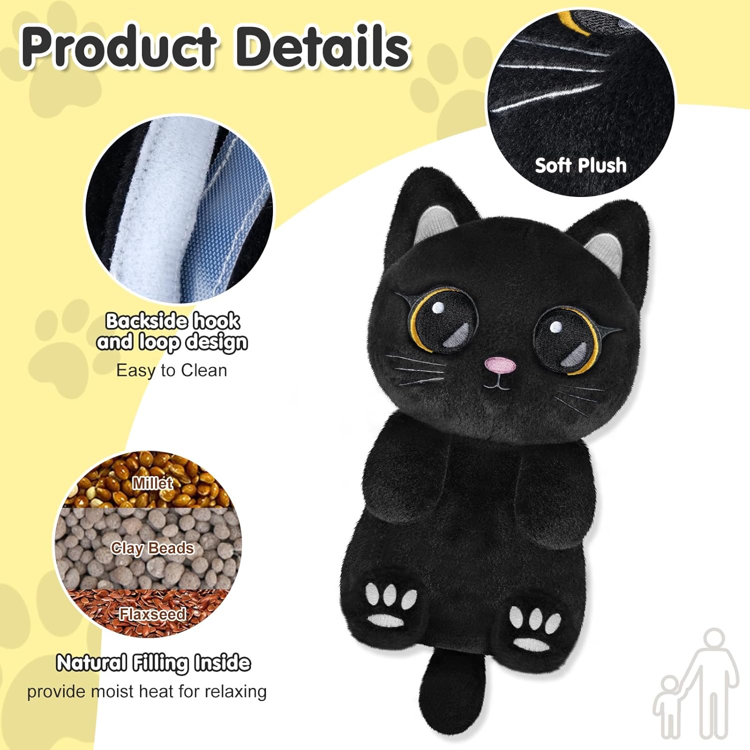 Black Cat Microwavable Heating Pads for Belly, Neck & Shoulders, Heatable Plush with Moist Heat, Removable Plush Cover, Unscented Natural Fill, Adorable Surprise Present, 6.5" x 10.6", 1.5 lb - Image 2