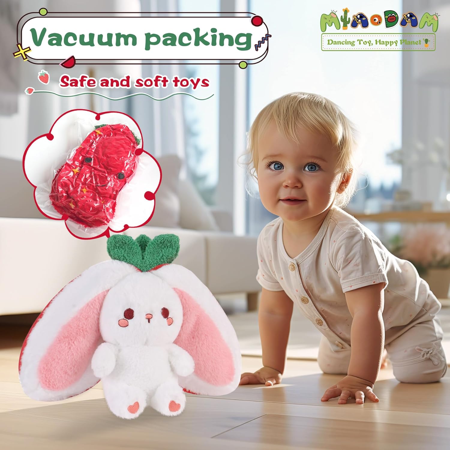 MIAODAM Easter Strawberry Bunny Plush Toy- Cute Soft Huggable Stuffed Animal for Kids & Collectors, Birthday Present & Nursery Decor 10inch - Image 4
