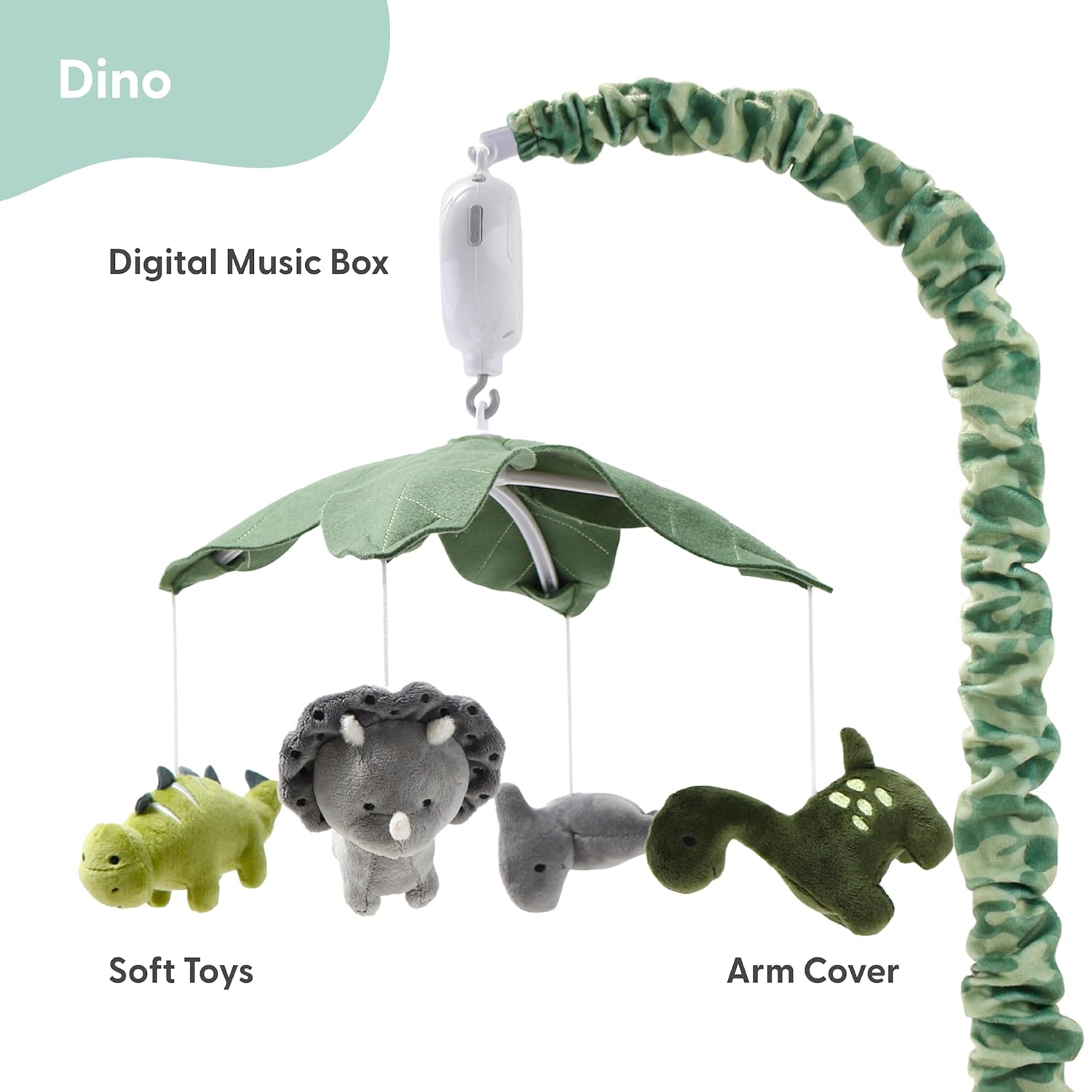 The Peanutshell Crib Mobile for Boys or Girls - Grey and Green Camo Musical Baby Crib Mobile with 12 Lullabies, Dino Baby Dinosaur Nursery Decor - Image 2