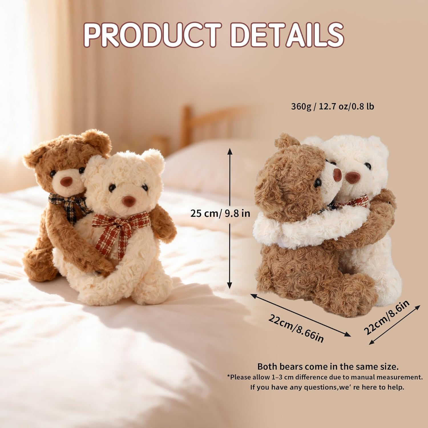 Hugging Teddy Bears, Two Hugging Teddy Bears Stuffed Animals for Couple Girlfriend Girls Kids with Paw Hook and Loop, Soft Plush Toys Companion Gifts for Valentines Birthday Christmas Room Home Decor - Image 8