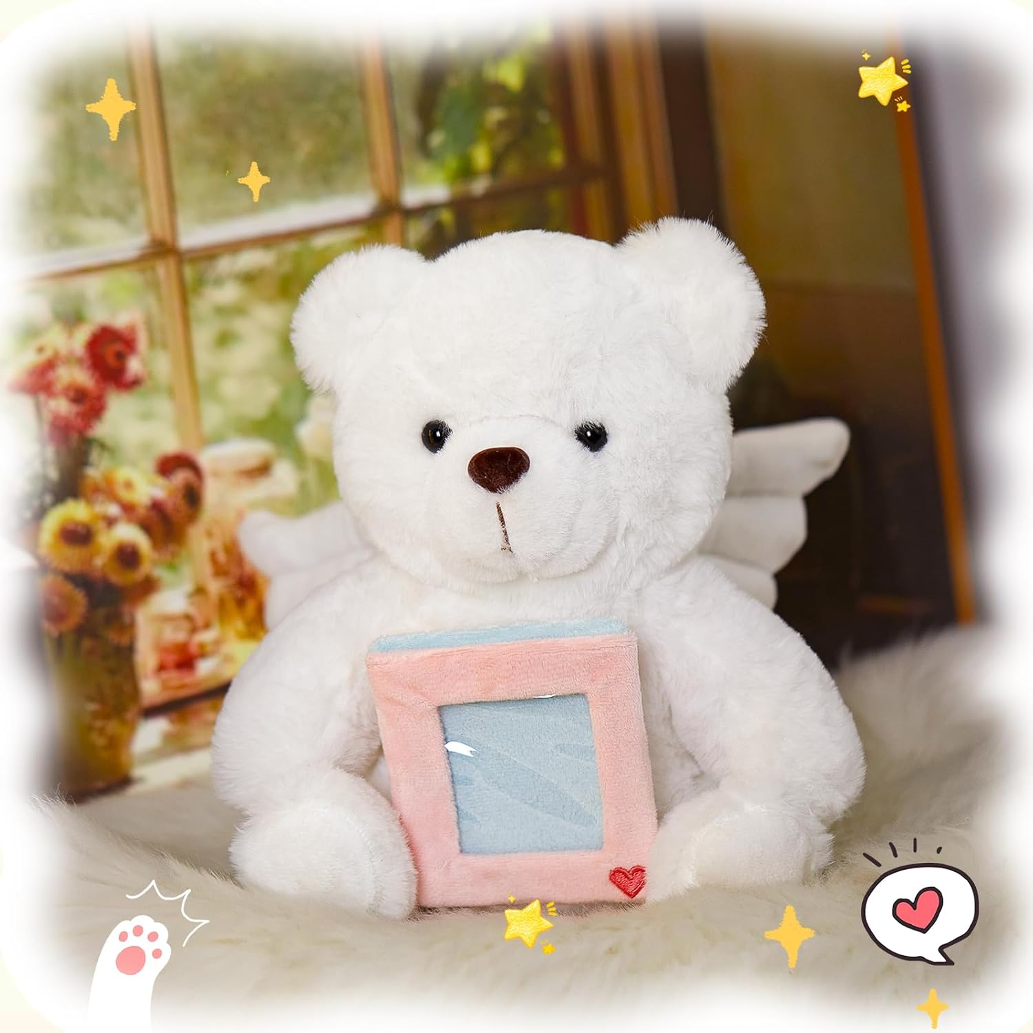 10" Heartbeat Recordable Guardian Angel Bear, Voice Recorder Teddy Bear w/30 Sec Recorder, Comforting Plush Toy with Photo Frame Messages Recording Playback Gifts for Remembrance Newborns Birthday - Image 7