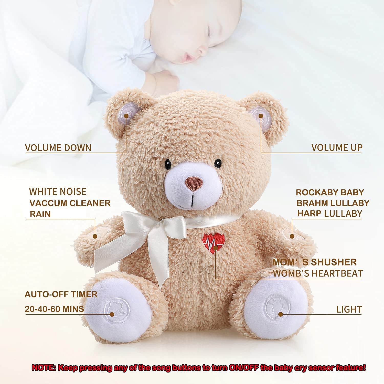 BEREST Baby Cry Activated Sleeping Aid Soother, White Noise Machine Infant Stuffed Animal Baby Gifts Bear Toy with Nursery Decor Night Light, Womb Heartbeat, 9 Soothing Sounds for Toddler Crib - Image 6
