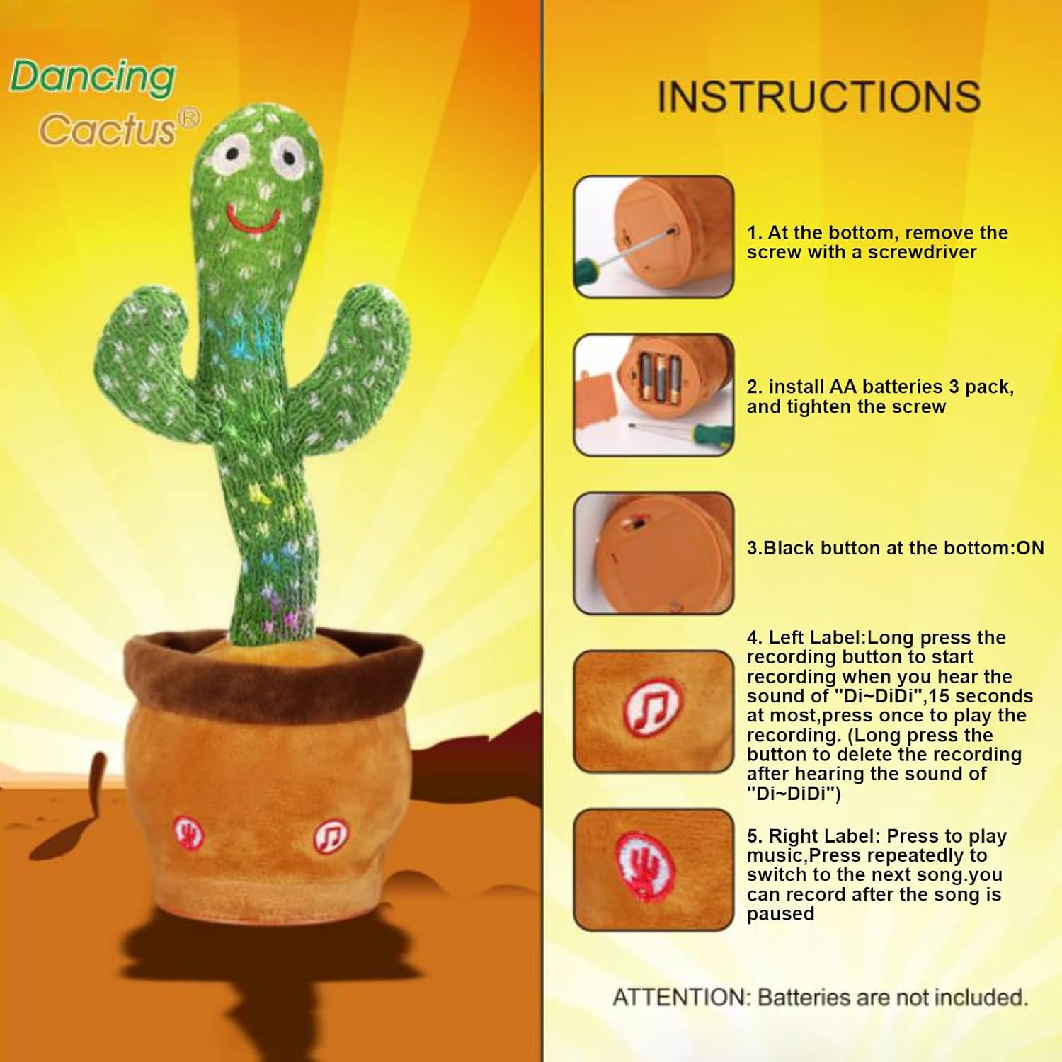 Emoin Talking Cactus Toy, Interactive Toys Dancing Cactus Toy Mimicking Repeating What You Say, Toddler Infant Baby Toys Gifts for 6 7 8 9 10 Month Old Baby Toys for 1 2 3 Year Old Boy Girl - Image 3