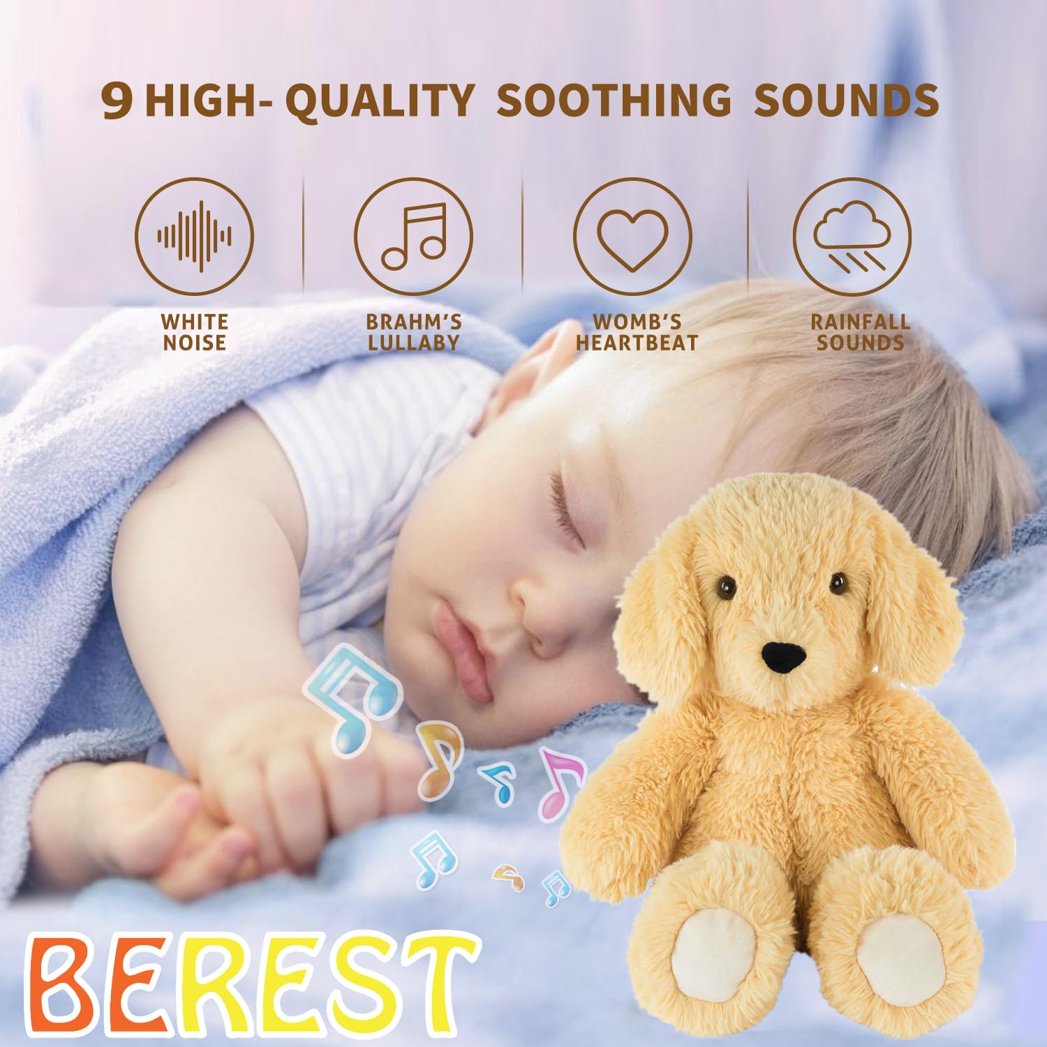 BEREST Baby Cry Sensor Sleepy Dog Sleep Soother Sleeping Aid White Noise Infant Stuffed Animal Puppy Dog Toy, Nursery Decor with Night Light, Mom‘s Heartbeat 9 Sounds Therapy for Toddler Crib - Image 2