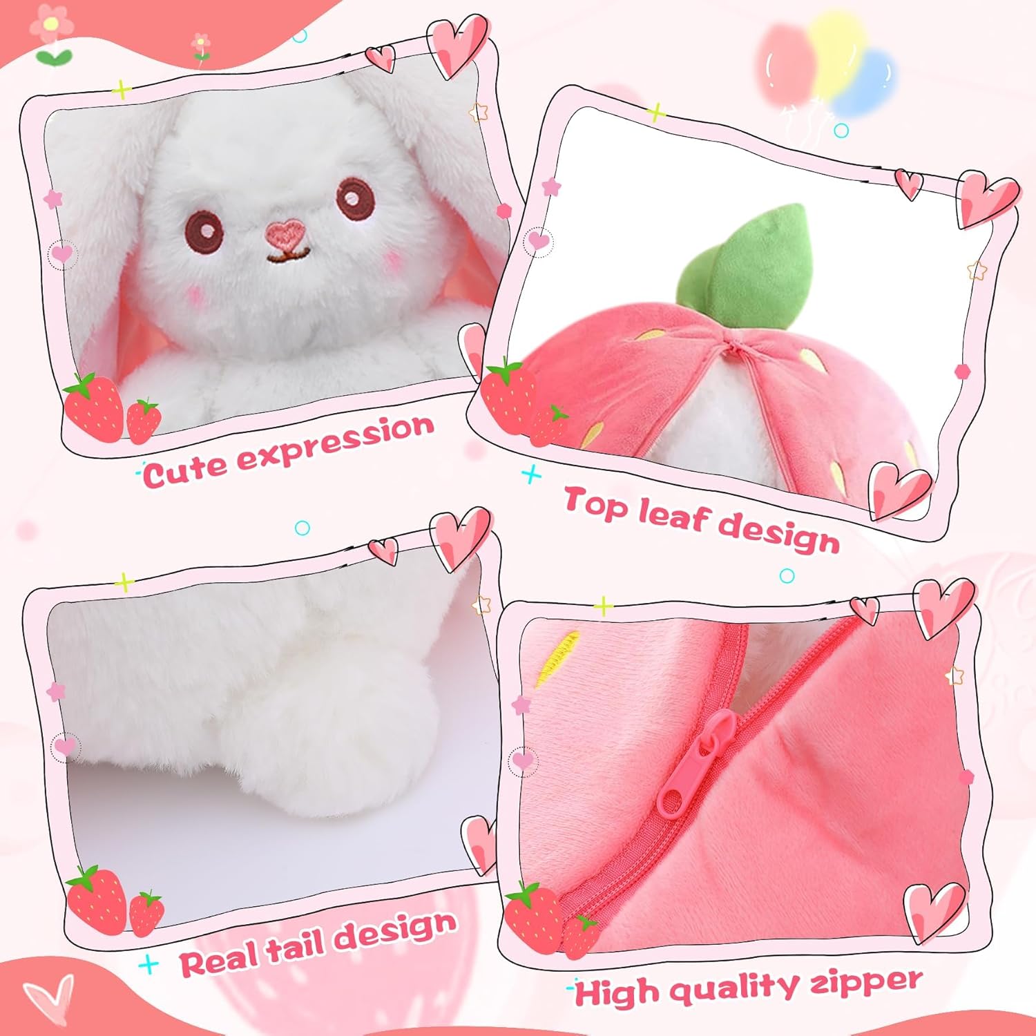 MIAODAM Bunny Stuffed Animal Reversible Cuddle Bunny Stuffed,Strawberry Bunny Transformed Rabbit Plush Zipper,Turns Into Ears Bunnies Plushies Toy Cute Stuffy Doll Easter - Image 3
