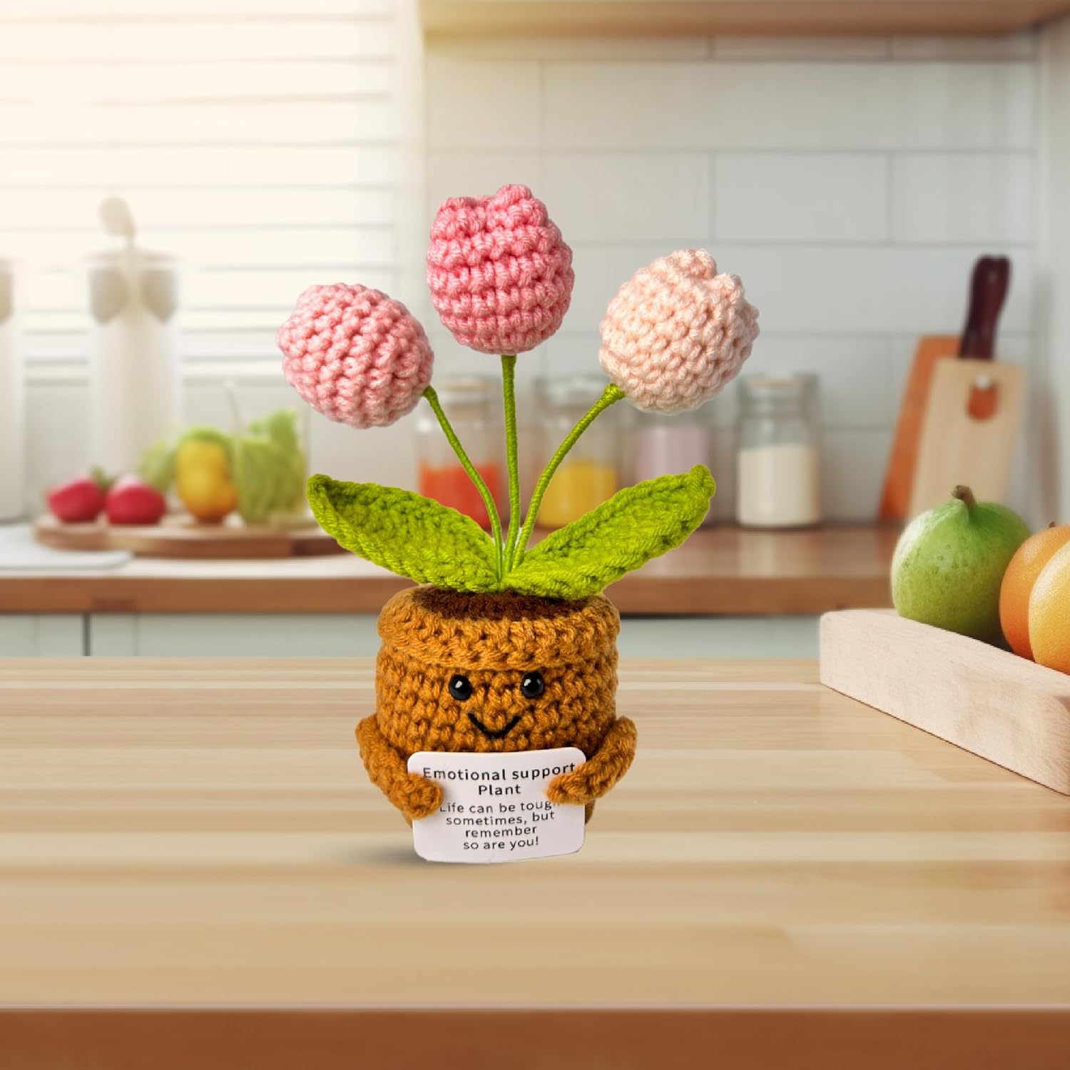 Emotional Support Crochet Flower in Pot,Uplifting Handmade Knitted Plush Plant with Positive Affirmation Card,Cheerful Gift for Office Desk Decor,Home,Car(Pink Tulip) - Image 7