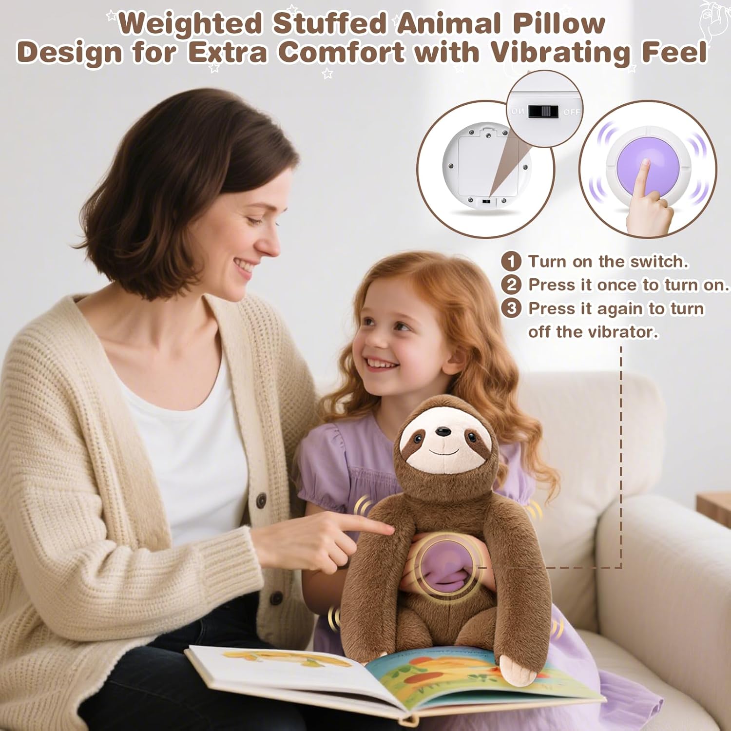Joyreal Sloth Sensory Weighted Vibrating Pillow, Pressure Activated for Kids Adults, Plush Minky Soft Size: 11 by 21 inches Pillow Animal for Gift Birthday - Image 2