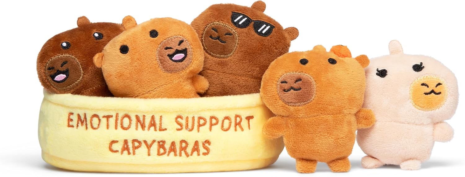 Emotional Support Capybaras by Relatable, Cuddly Stuffed Animals and Plushies Set, Includes 5 Capybara Plush Toys with Carrying Basket, Cute Stuff & Graduation Gift Ideas