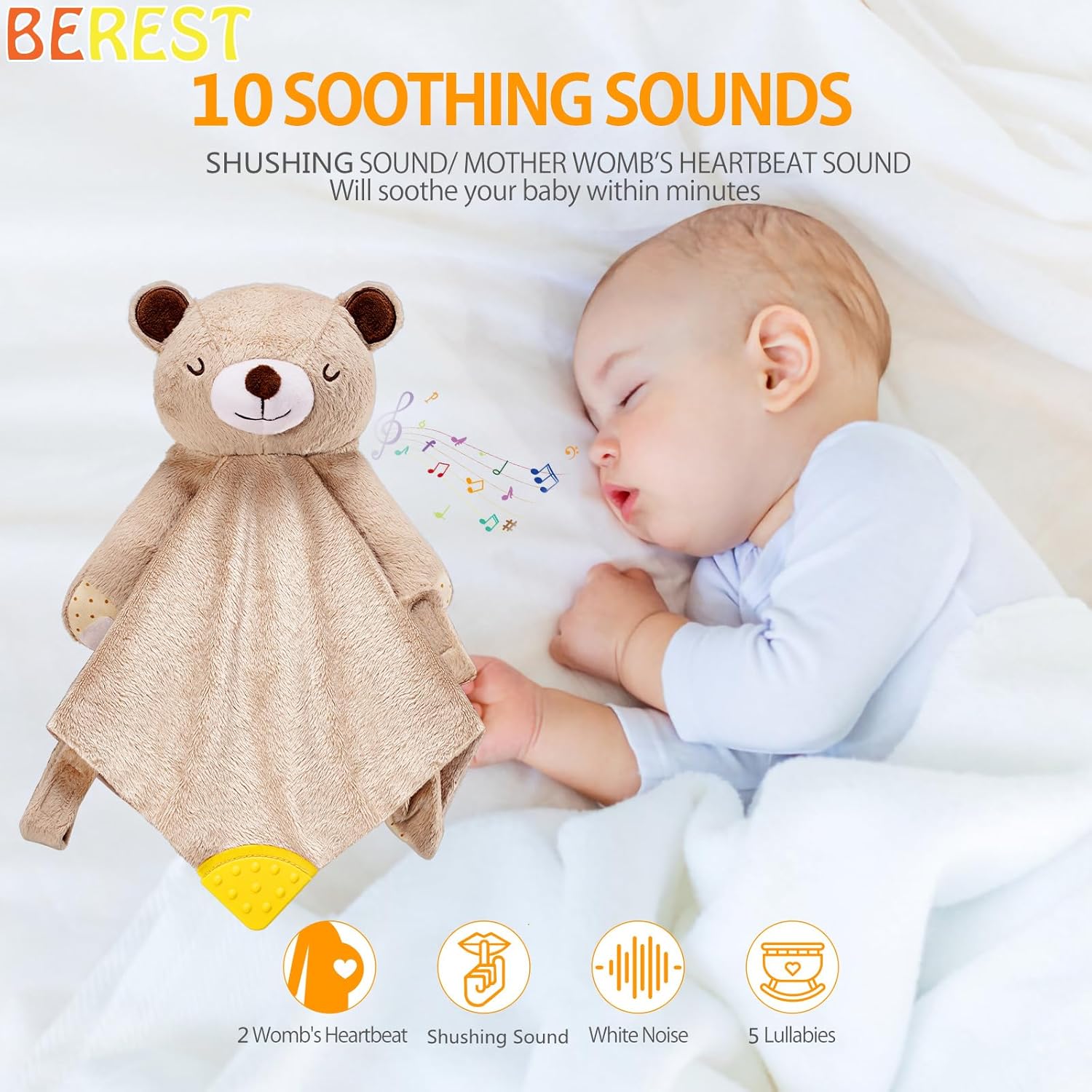 BEREST Rechargeable Baby Cry Sensor Sleep Soother Heartbeat Bear Lovey Blanket Comforter Toy, Help Newborns Go to Sleep Faster & Stay Asleep Longer, Great Nursery Decor Infants Shower Gifts - Image 2