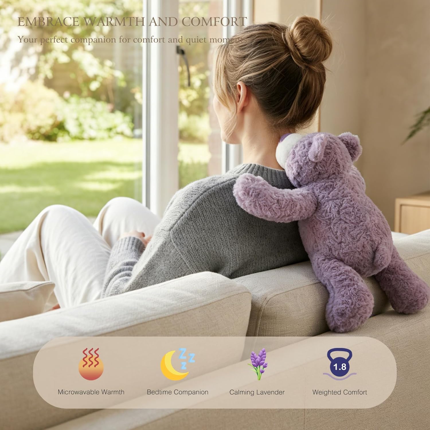1.8 lb Purple Bear Weighted Stuffed Animal | Microwavable Heatable & Coolable Heating Pad with Tourmaline Beads & Lavender | Long Lasting Cozy Warmth Plush Toy | Includes Gift Box & Greeting Card - Image 2
