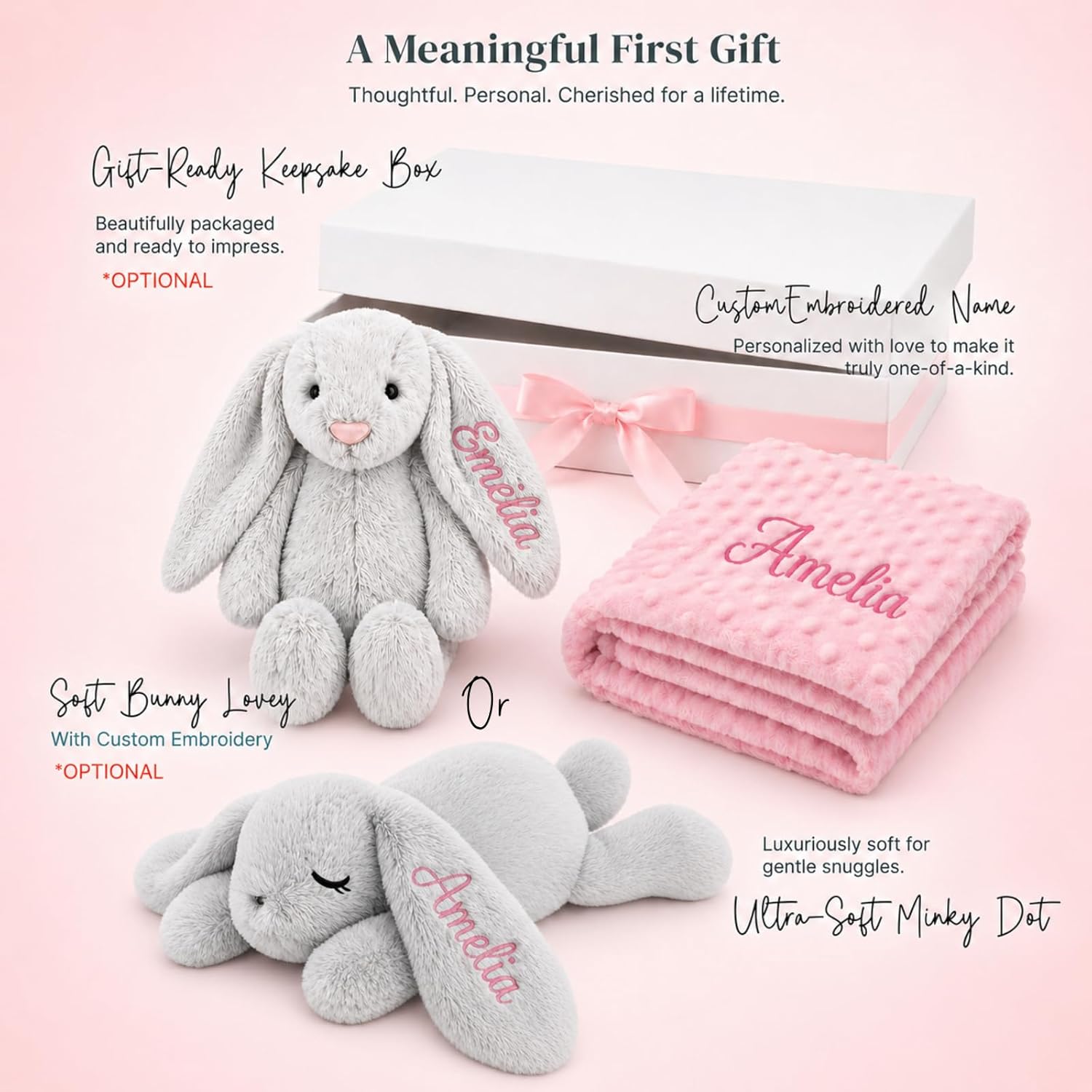 Personalized Baby Blanket and Plush Bunny Set, Custom Baby Blankets and Rabbit with Name, Personalized 2 in 1 Gift Set for Boy Girl Toddlers, Minky Dot Swaddle, Gift Set for Showering, Birthday - Image 5