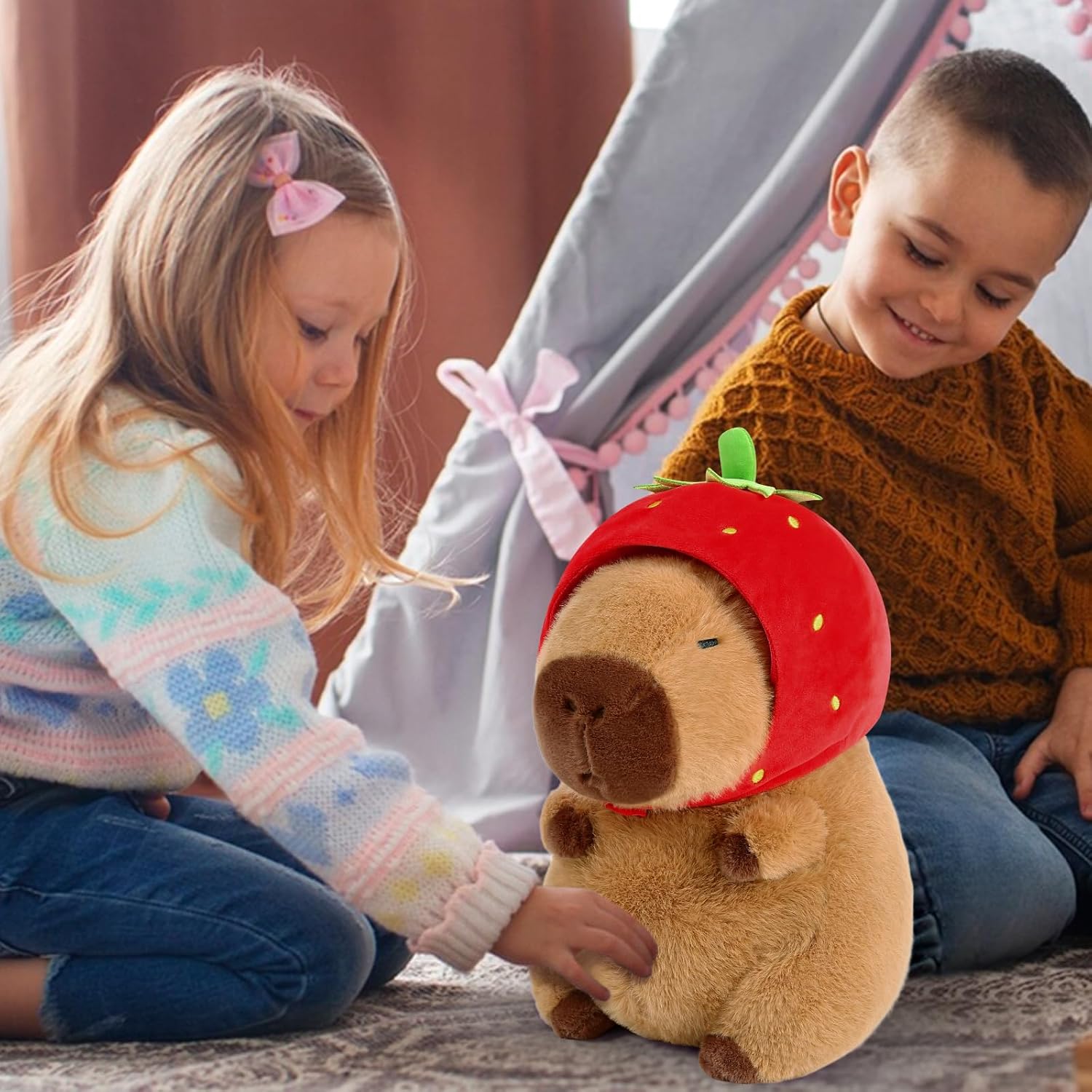 Ditucu Cute Capybara Plush Wear Strawberry Hat Soft Capibara Stuffed Animal Plushies Toys Hugging Gifts for Kids Brown 9 inch - Image 4