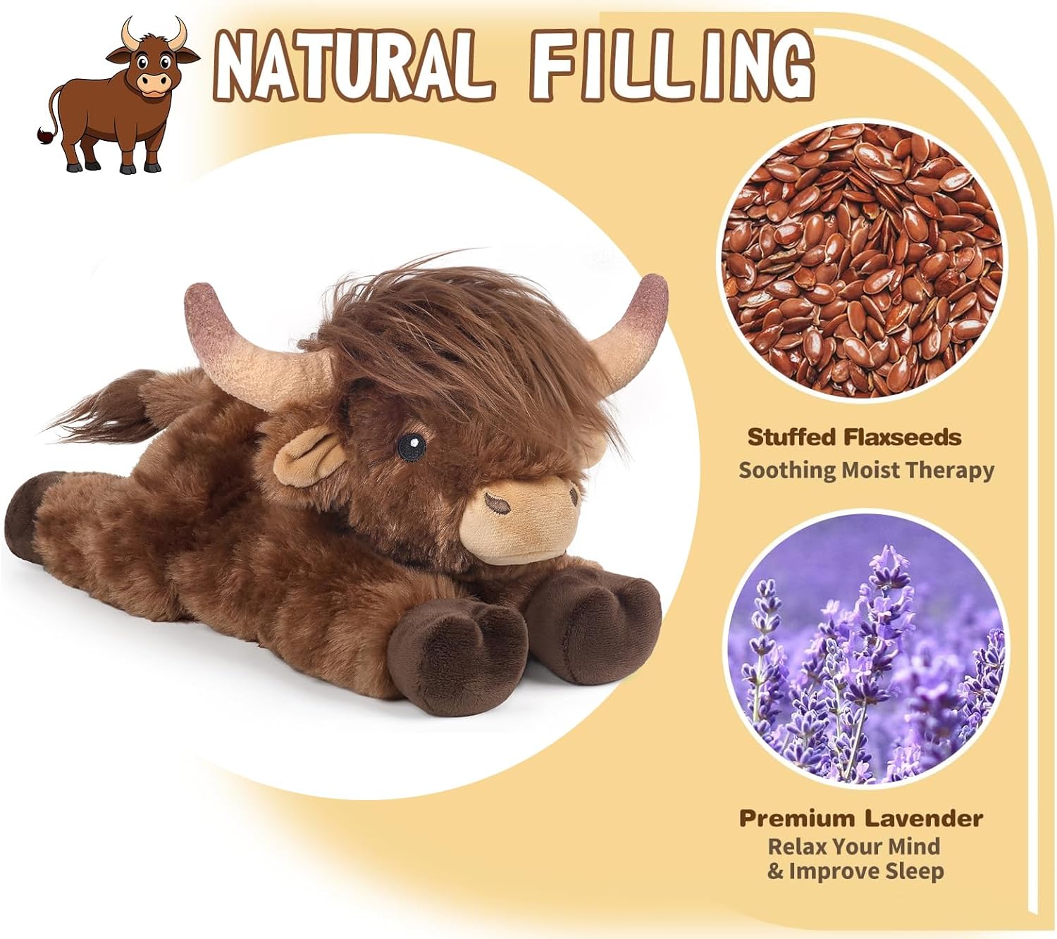 Highland Cow Stuffed Animals, Microwavable Stuffed Animal Adorable Fluffy Highland Cow Plush for Warmth Comfort, Heatable Coolable Lavender Scent Toy, Cute Soft Plushies Gift for Kid Boys Girl & Adult - Image 6