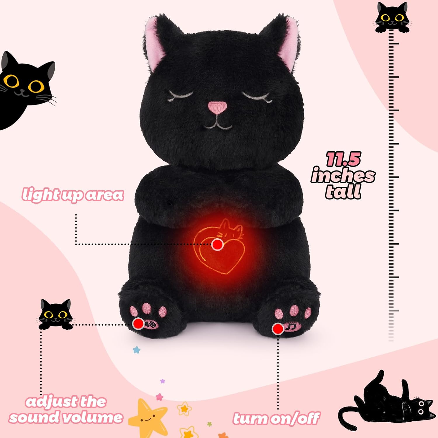 Breathing Stuffed Animal - Black Cat Plush Baby Toy, Soothing Sound Machine with Realistic Breathing Motion and Lights, Sleeping Plushies Gifts for Anxiety Adults and Kids - Image 2