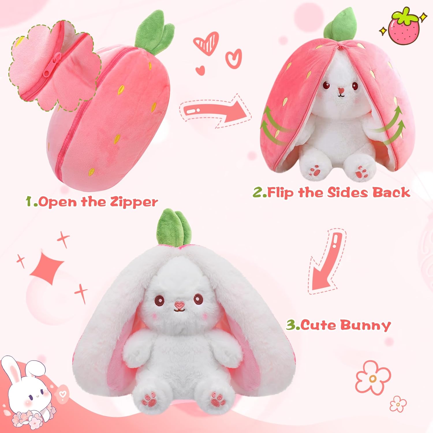 MIAODAM Bunny Stuffed Animal Reversible Cuddle Bunny Stuffed,Strawberry Bunny Transformed Rabbit Plush Zipper,Turns Into Ears Bunnies Plushies Toy Cute Stuffy Doll Easter - Image 2