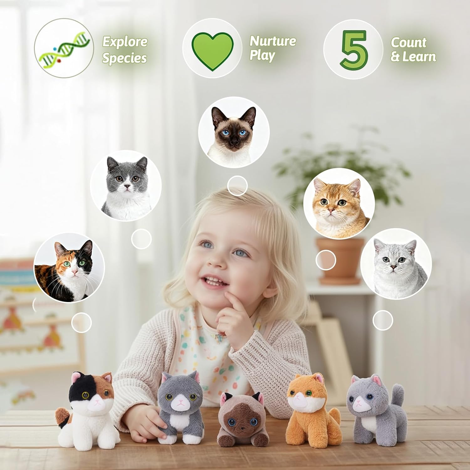 OUOZZZ Cat Stuffed Animal House – Plush Kitten Toy Set with 5 Soft Cats – Interactive & Travel-Friendly Kitties Carrier Playset for Toddlers & Kids – Huggable, Portable Birthday Gift for Baby Girls - Image 4