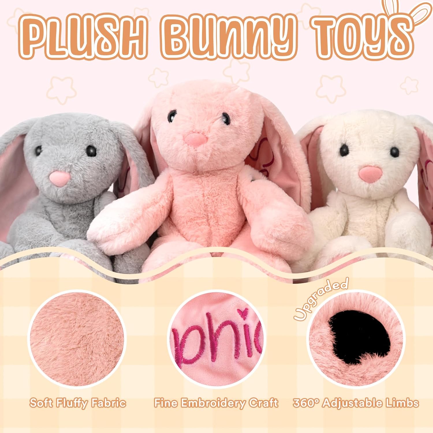 Personalized Bunny Plush for Kids Custom Bunny with Embroidered Name, Stuffed Animal for Toddler 1-3+ Girls Boys Bunnys Plush Toys Personalized Baby Newborn Kids Gifts for First Birthday Easter - Image 6