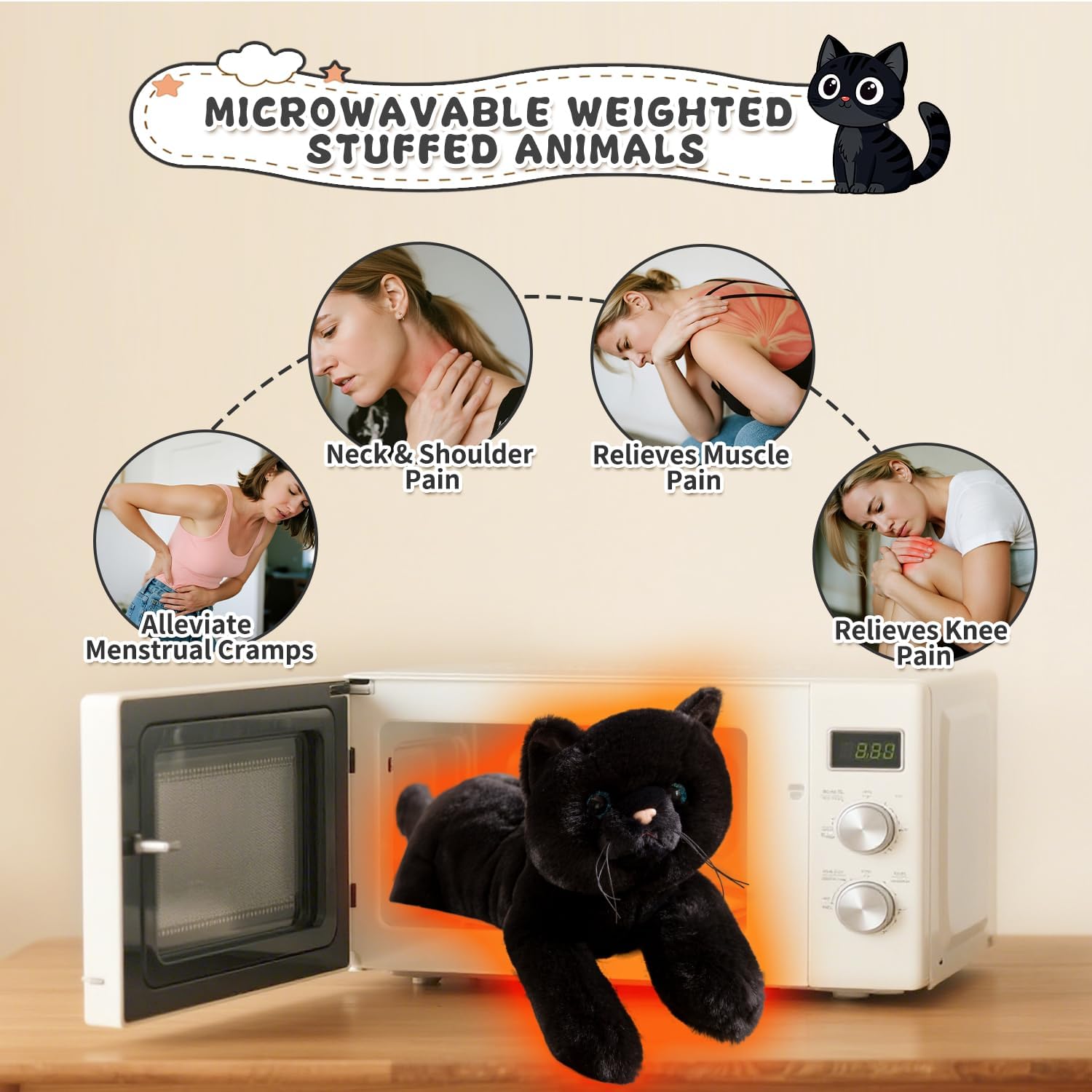 SNOWOLF Weighted Stuffed Animals Cat, Plushies Black Cat, Cat Plush Toy with Himalayan Salt for Warmth & Comfort, Cute Soft Kitten Doll Gift for Boys, Girls, Women, 1.5 LBs - Image 2