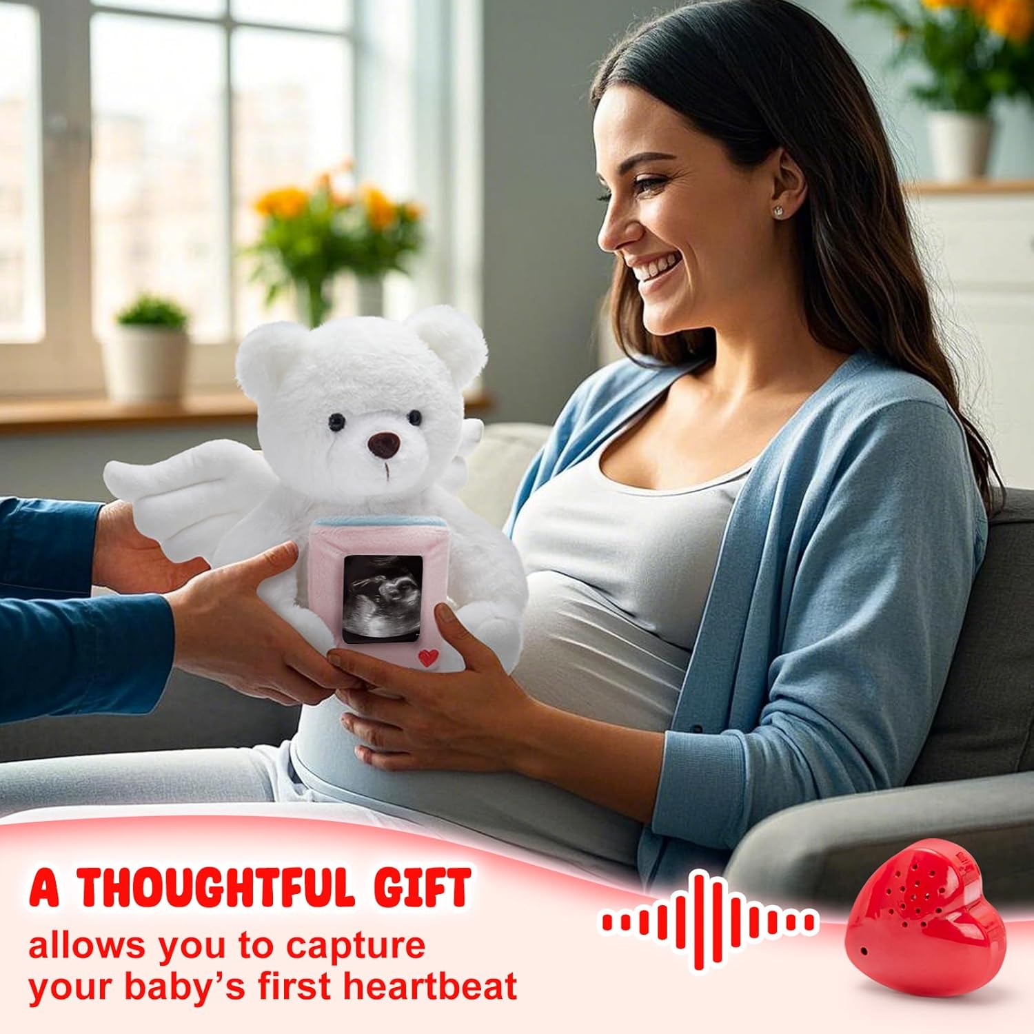 10" Heartbeat Recordable Guardian Angel Bear, Voice Recorder Teddy Bear w/30 Sec Recorder, Comforting Plush Toy with Photo Frame Messages Recording Playback Gifts for Remembrance Newborns Birthday - Image 6