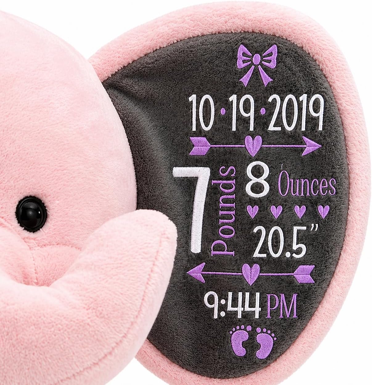 Personalized Elephant Stuffed Animal - Custom Birth Stats Announcement Stuff Elephants Animals for Babies, Baby Shower, Boy, Girl, Newborn, Customized Keepsake Plush Bear Gifts, Pink 9 Inches - Image 4