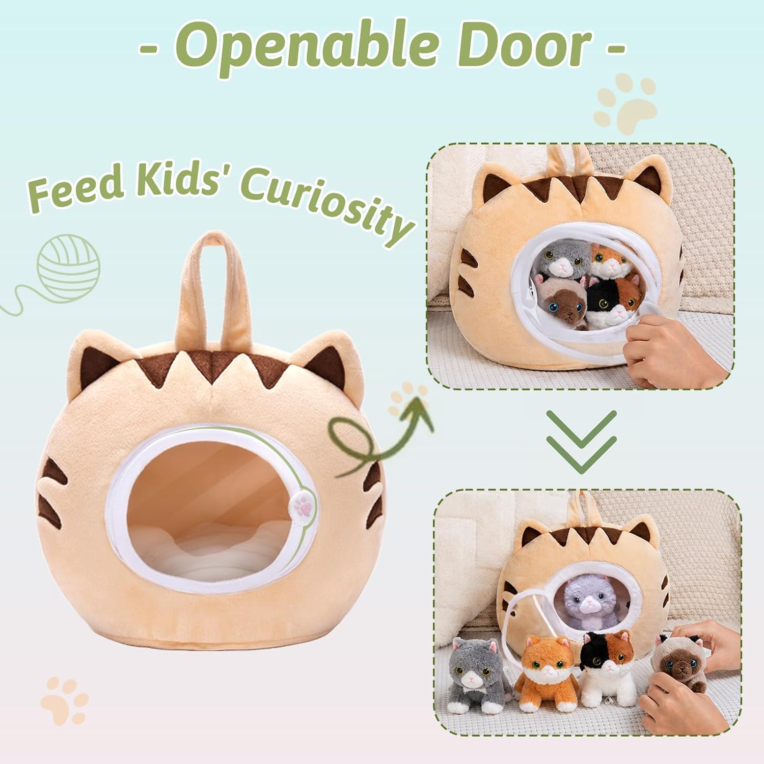 OUOZZZ Cat Stuffed Animal House – Plush Kitten Toy Set with 5 Soft Cats – Interactive & Travel-Friendly Kitties Carrier Playset for Toddlers & Kids – Huggable, Portable Birthday Gift for Baby Girls - Image 3