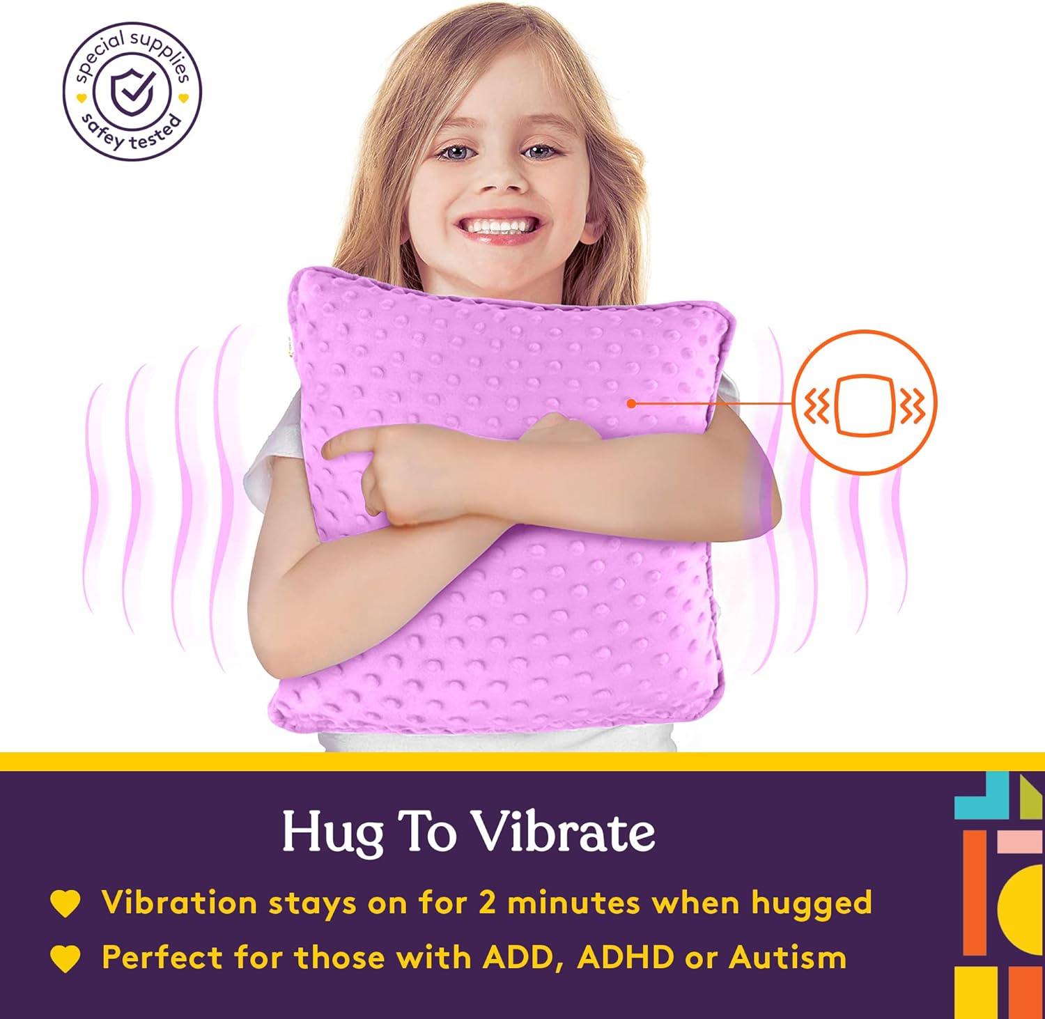Special Supplies Vibrating Pillow Sensory Pressure Activated for Kids and Adults, 12” Plush Minky Soft Cover, Textured Therapy Stimulation Bumps-Vibrations, Music & Voice Recording (Purple) - Image 4